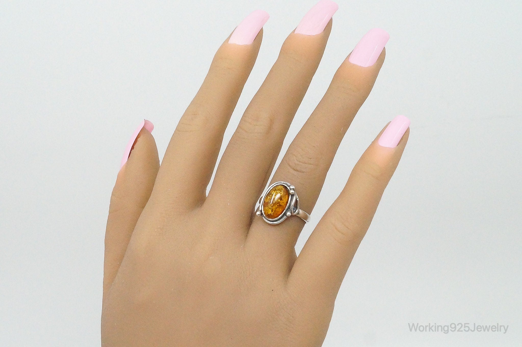 Vintage Baltic Amber Sterling Silver Ring - Size 6.25