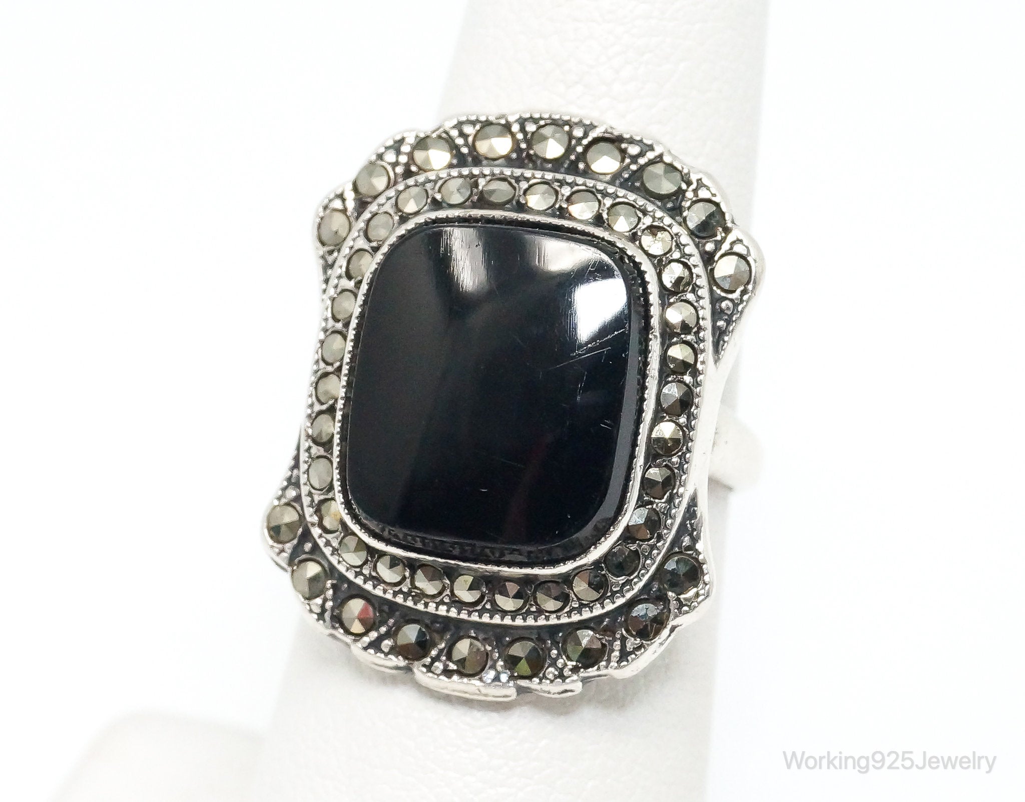 Antique Designer Uncas MFG CO Black Onyx Marcasite Sterling Silver Ring SZ 6.5