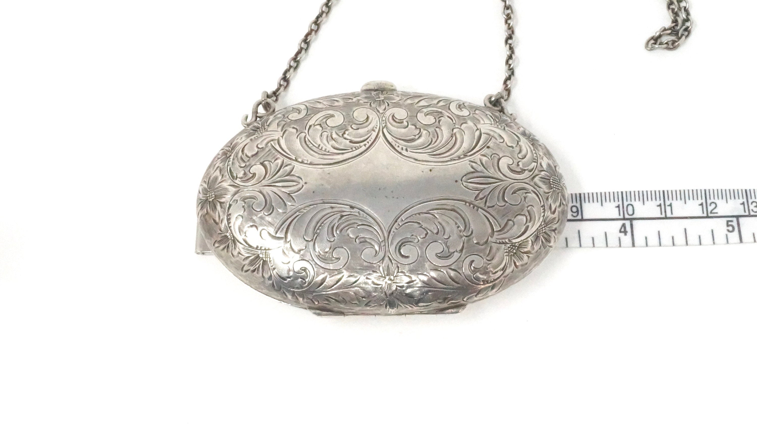 RARE Victorian 1800s Floral Pattern Etched Sterling Silver Coin Purse Hand Bag