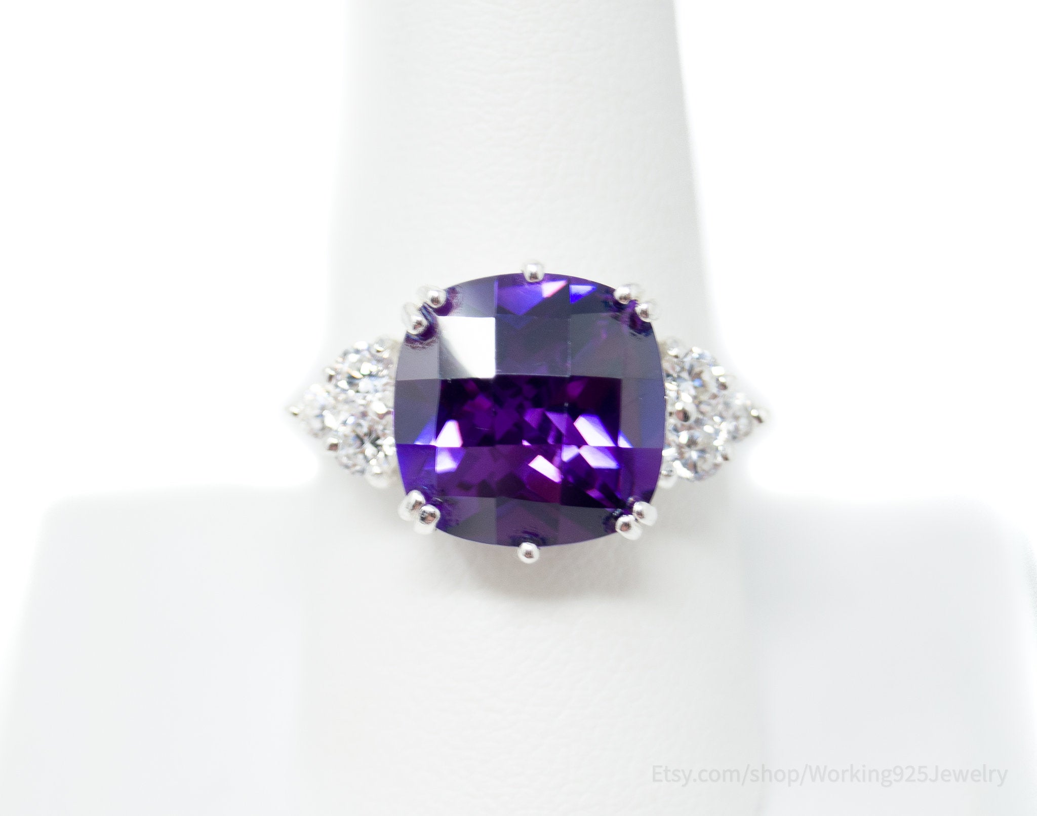 Vintage Art Deco Style Amethyst CZ Statement Ring Sterling Silver - Sz 9