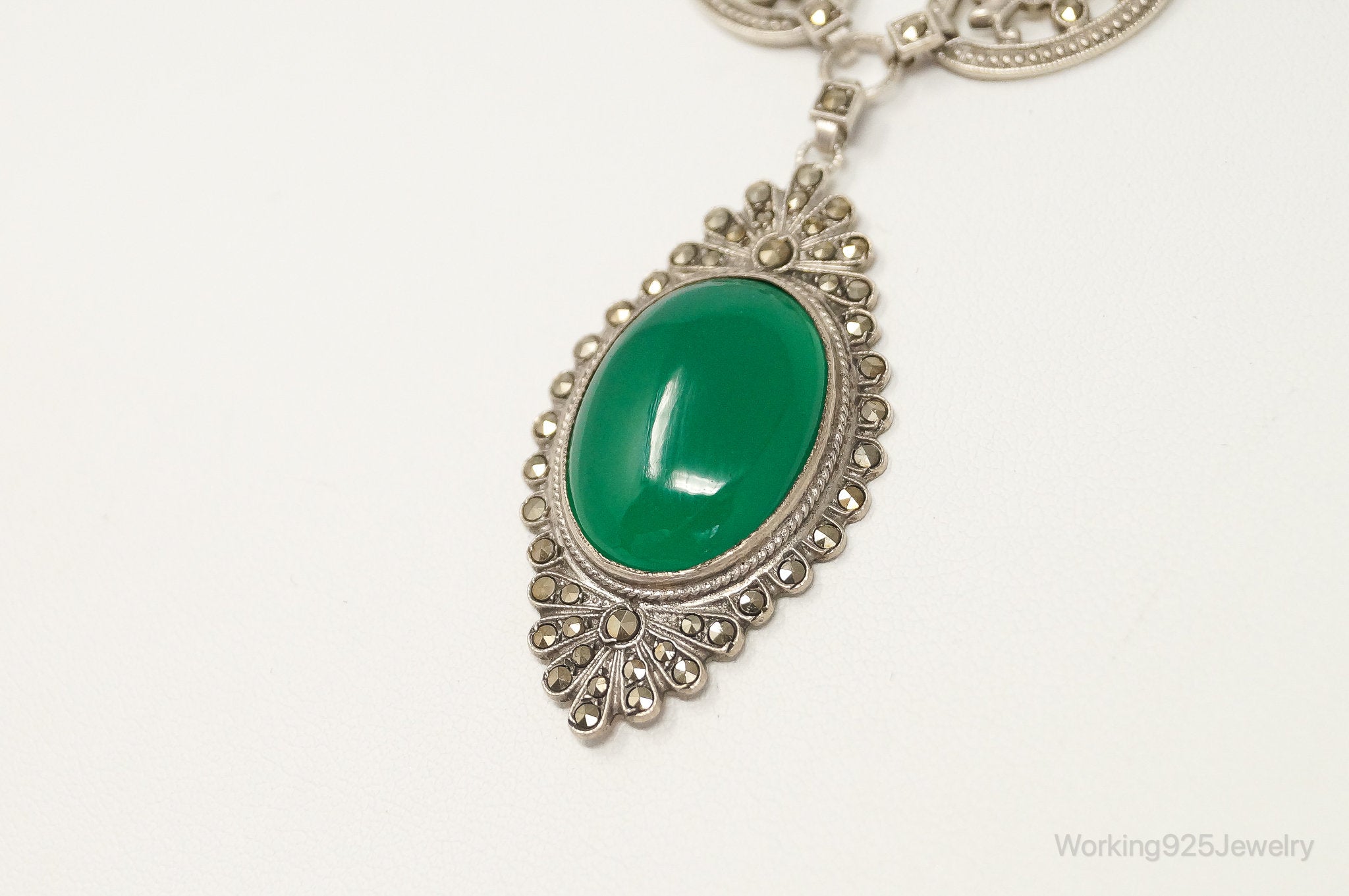 Antique Green Chrysoprase Marcasite Sterling Silver Necklace