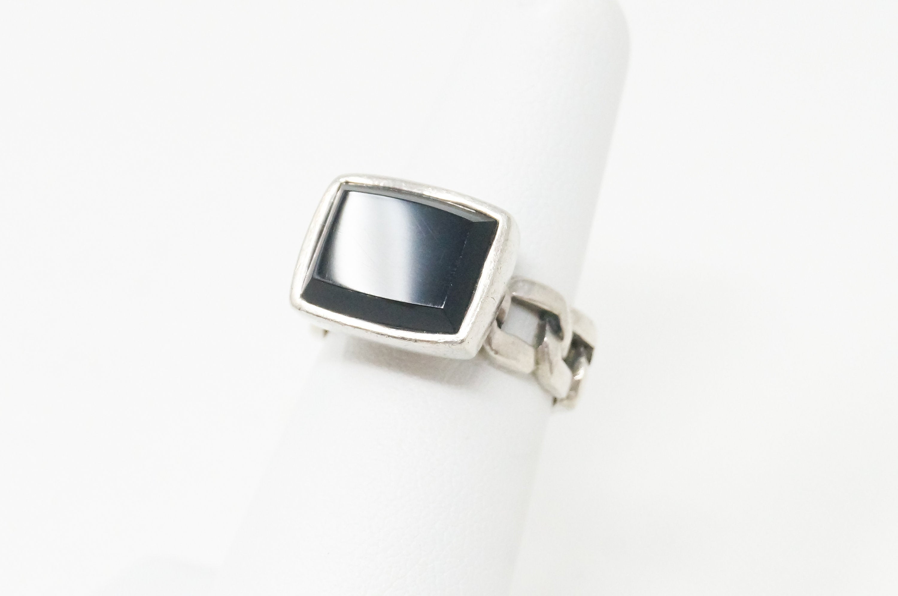 Vintage Designer Barse Black Onyx Chainlink Sterling Silver Ring Sz 5.75