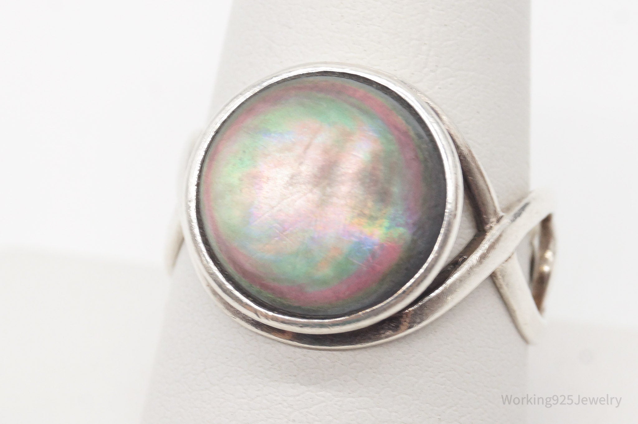 Vintage Abalone Paua Shell Sterling Silver Ring - Size 9