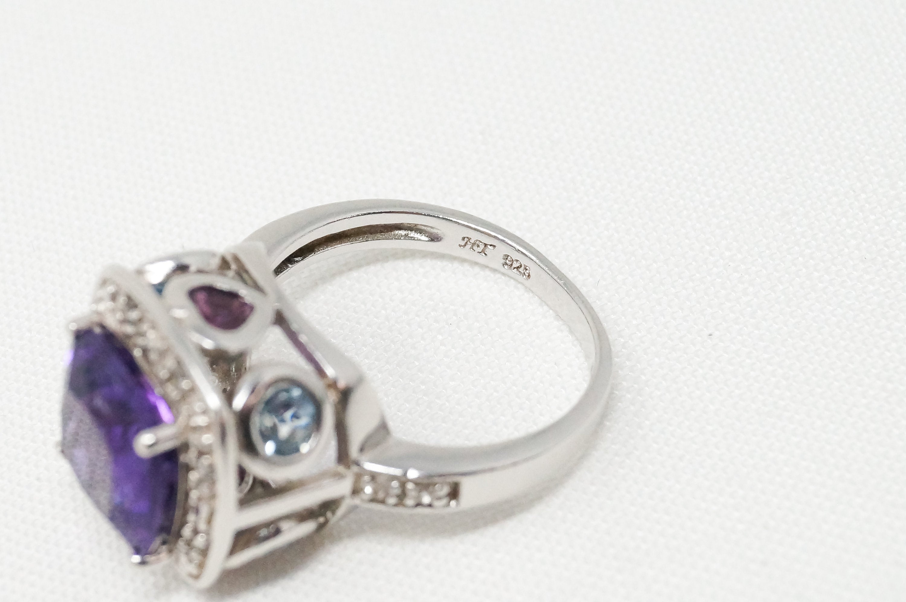 Vintage Amethyst Pink Sapphire Heart Blue Topaz CZ Sterling Silver Ring Sz 6.75