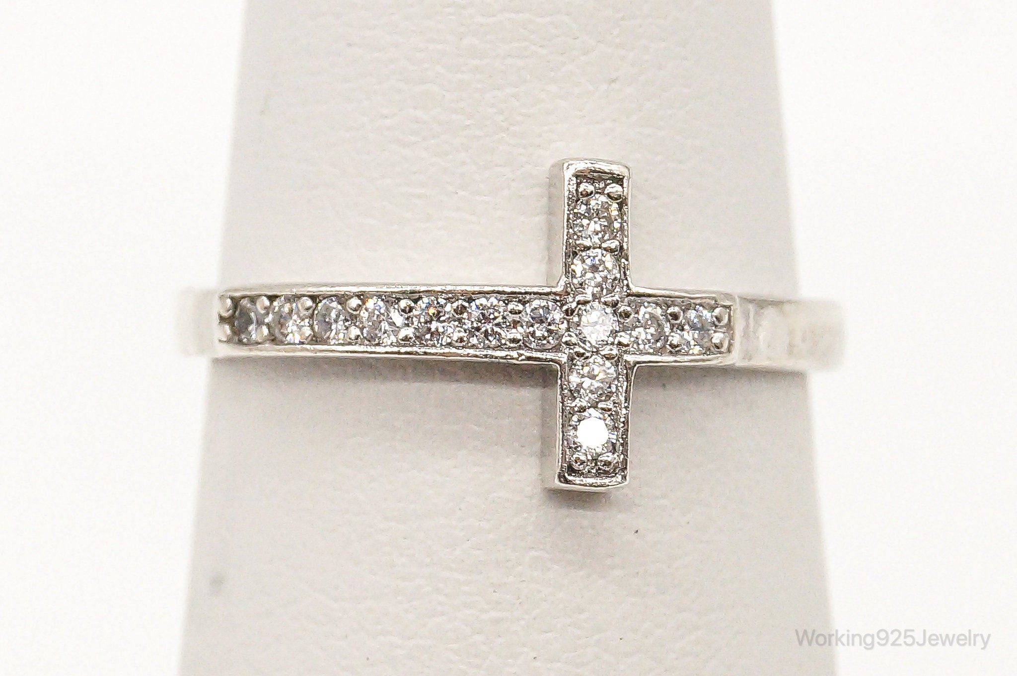 Vintage Cubic Zirconia Cross Sterling Silver Ring - Size 4.75