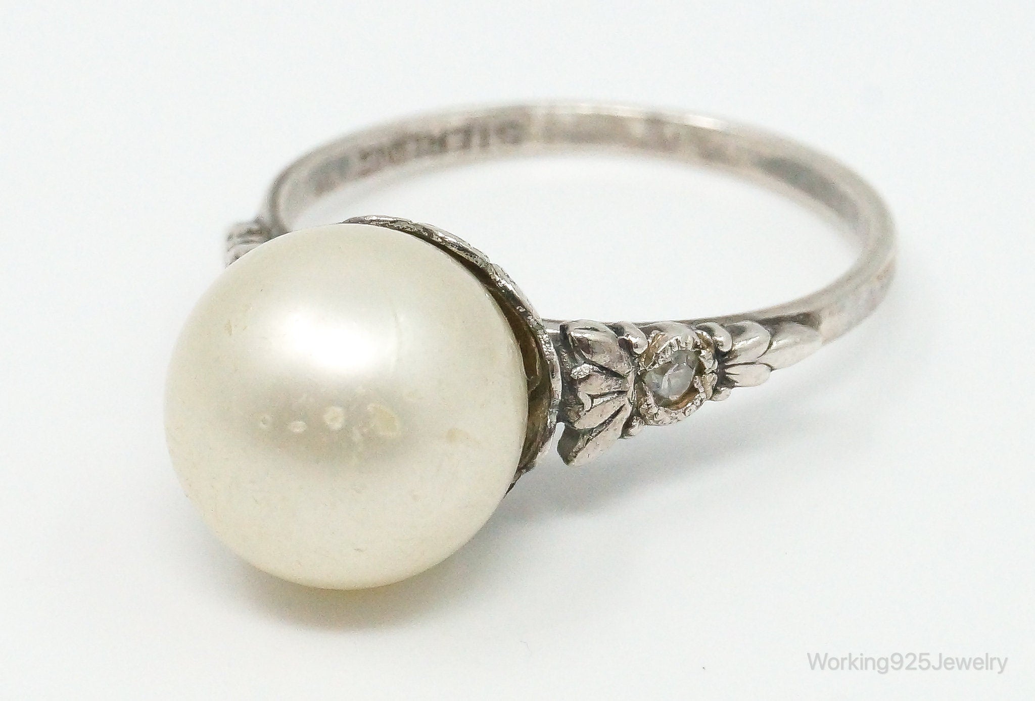 Antique Victorian Faux Pearl Marcasite CZ Sterling Silver Ring - Size 6.5