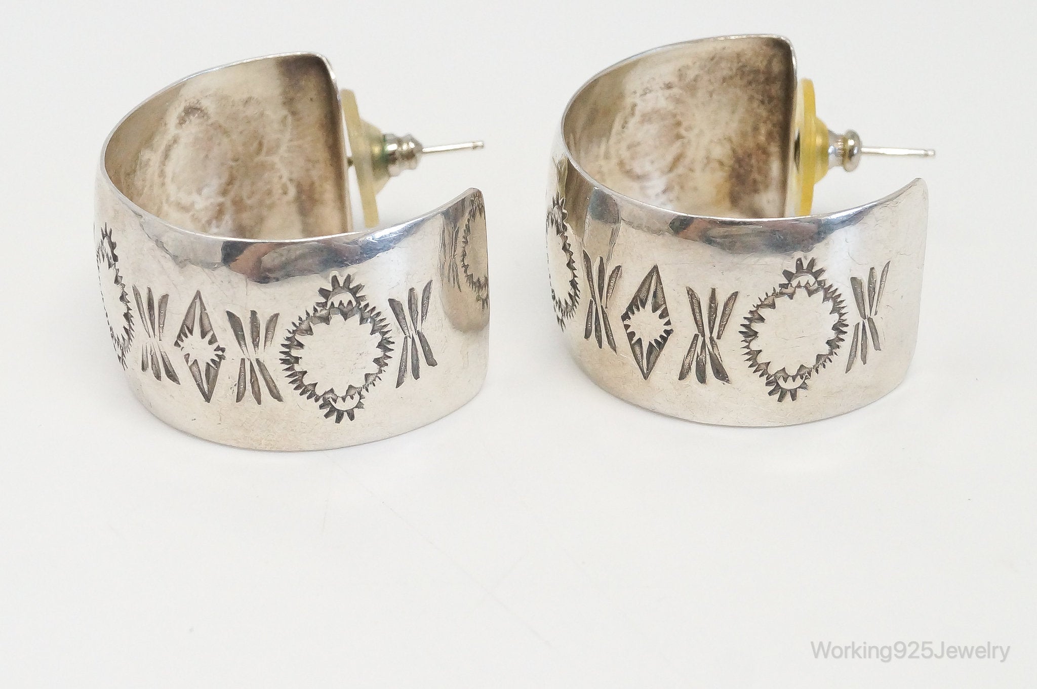 Native American Ned Nez Etched Tribal Symbols Sterling Silver Earrings