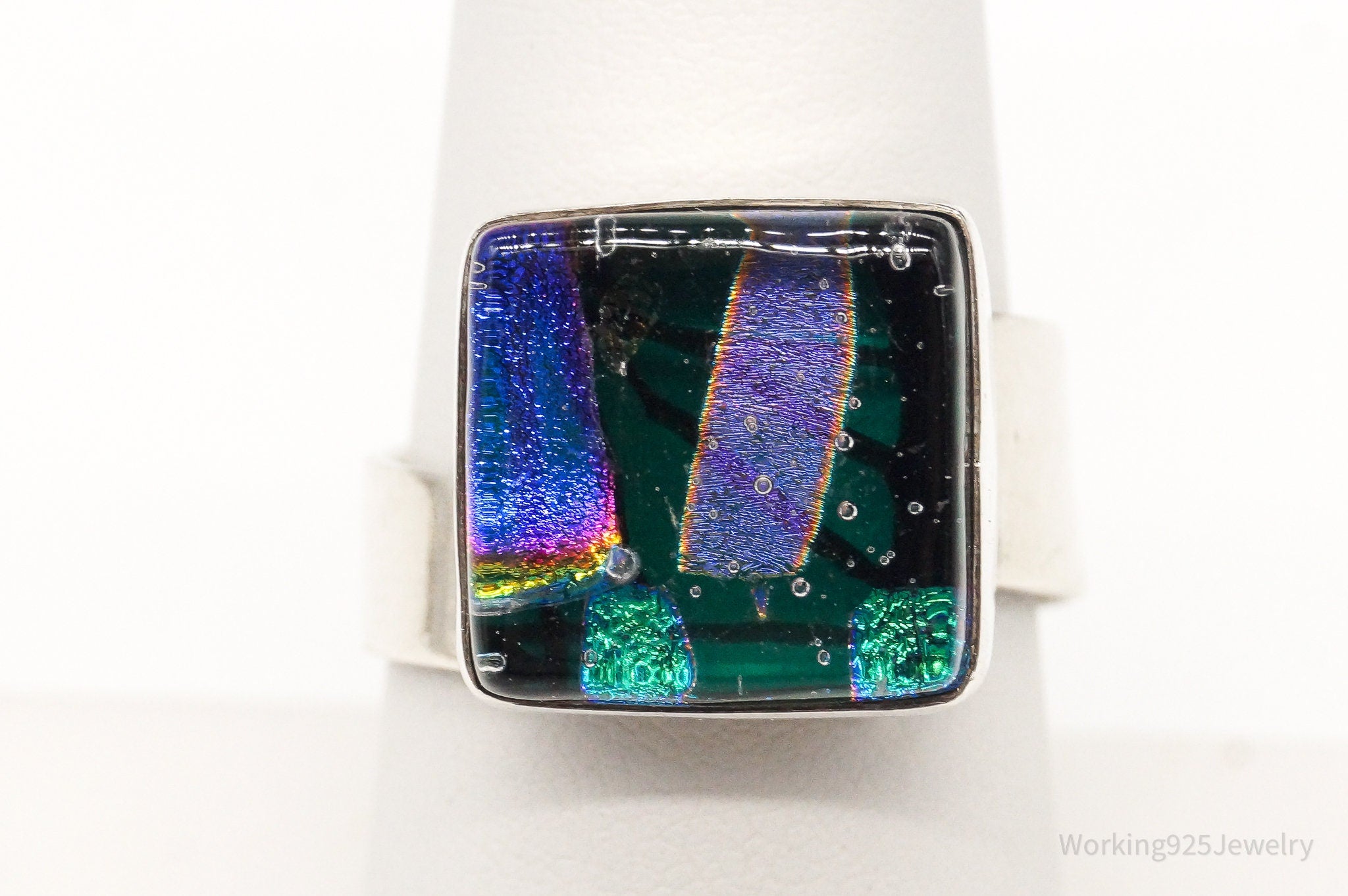 Vintage Dichroic Glass Sterling Silver Ring - Size 8.25 Adjustable