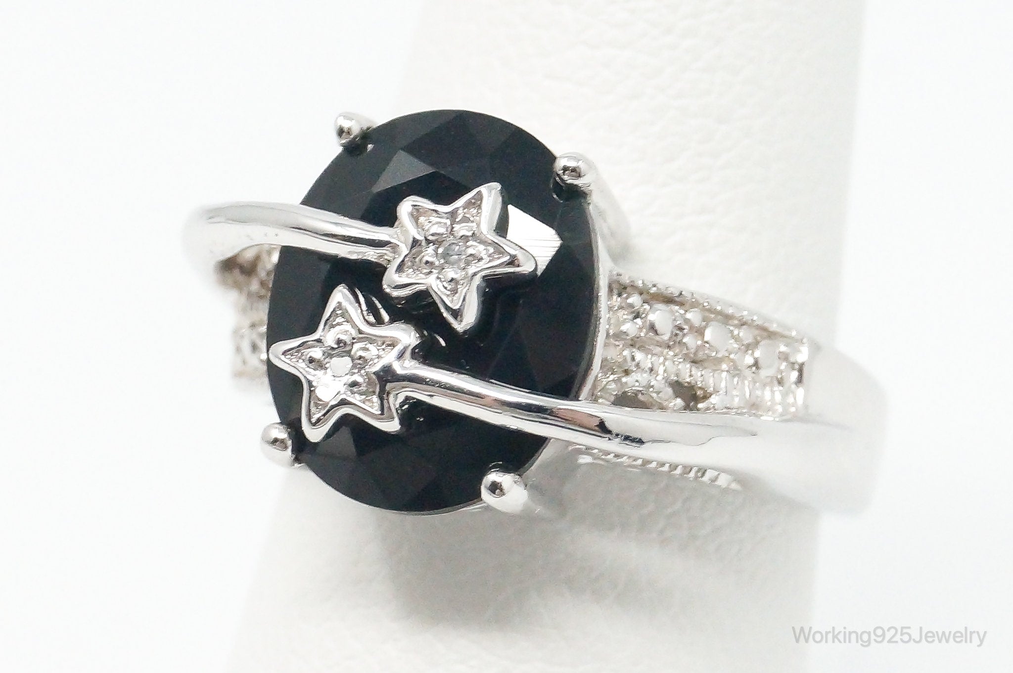 Black Onyx Cubic Zirconia Shooting Stars Sterling Silver Ring - Size 6