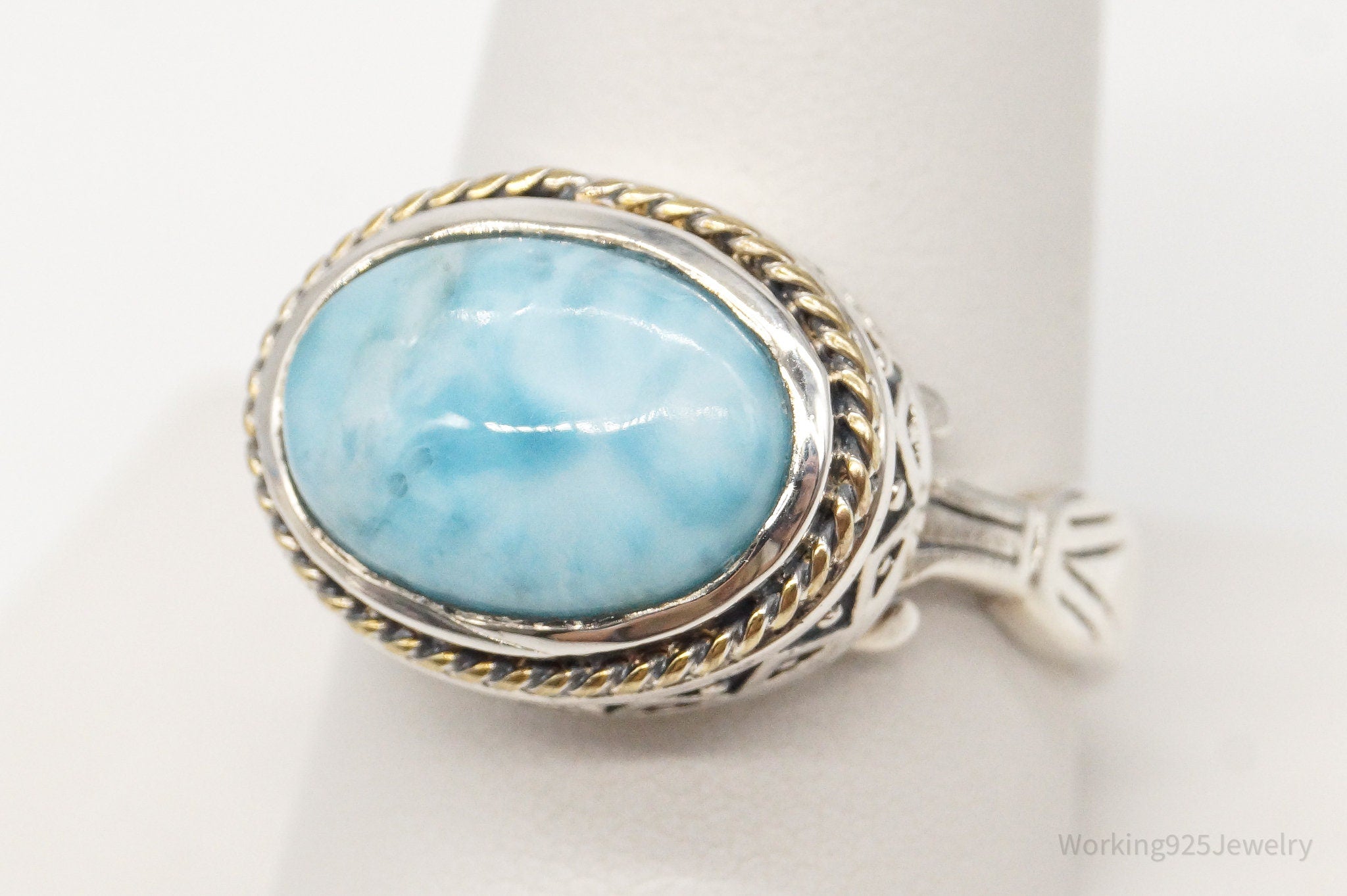 Vintage Ice Blue Larimar Brass Sterling Silver Ring - Size 10