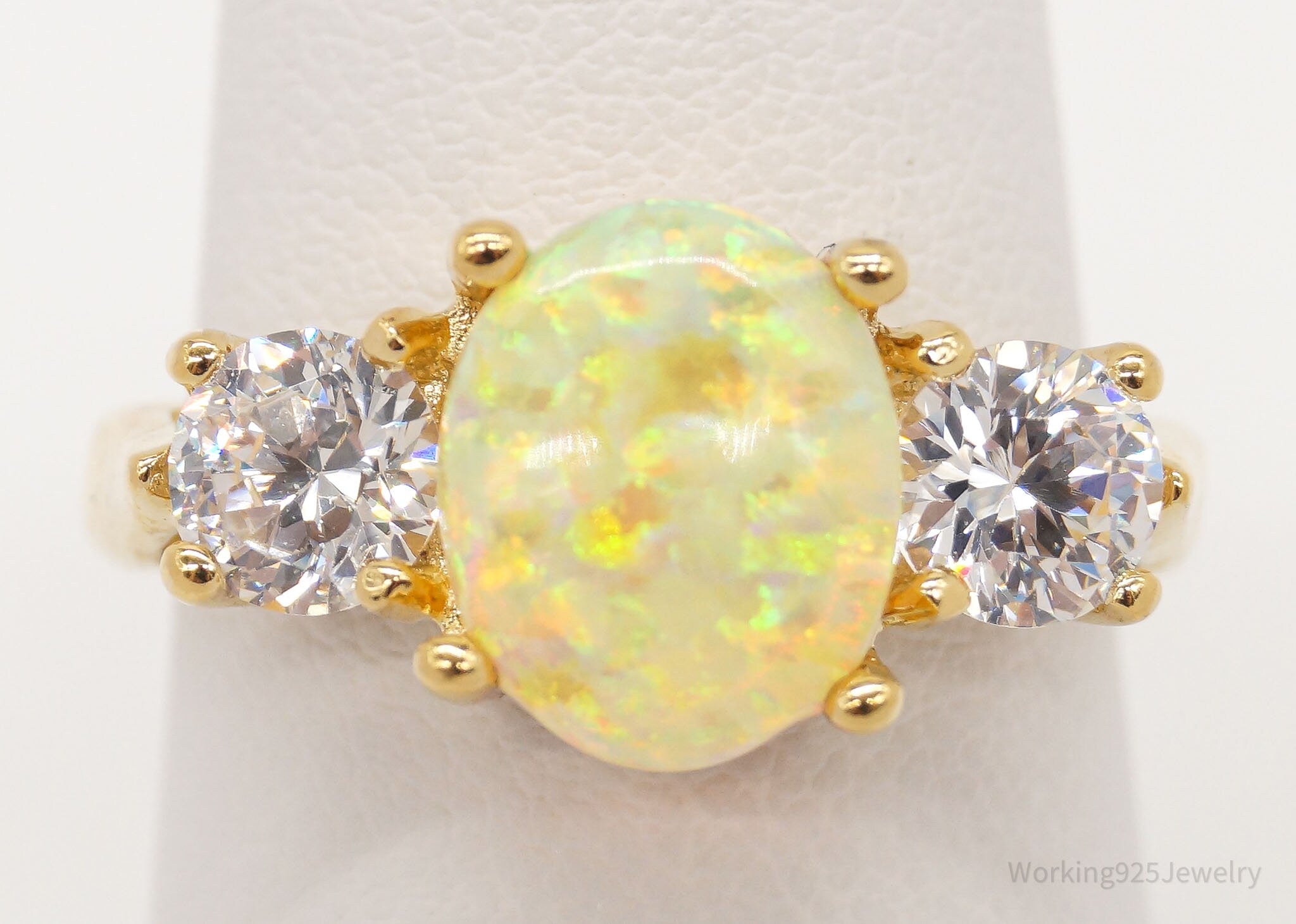 Designer UTC Opal Cubic Zirconia Gold Vermeil Sterling Silver Ring - Size 8