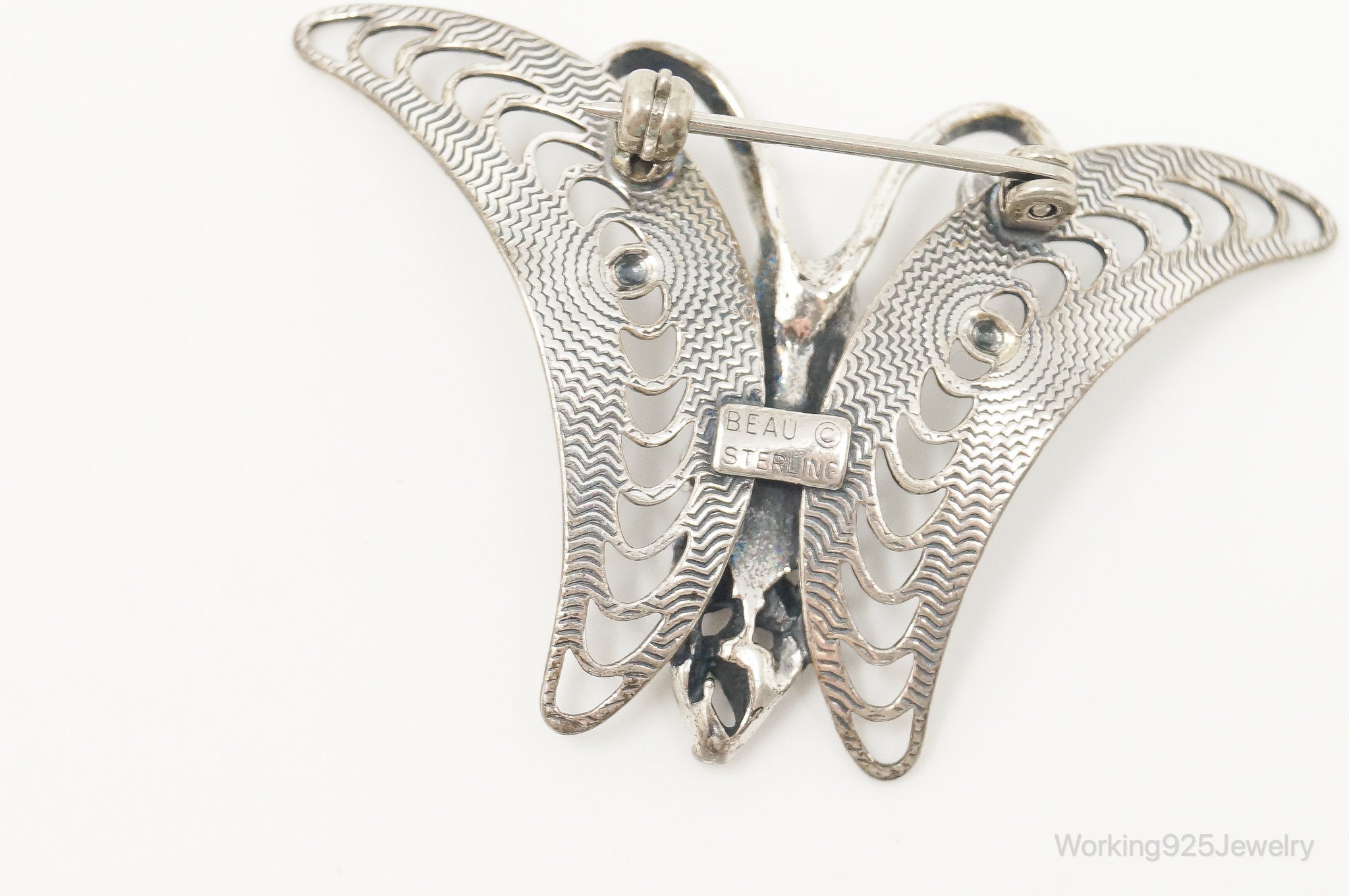 Vintage Designer Beau Filigree Butterfly Modern Sterling Silver Brooch Pin