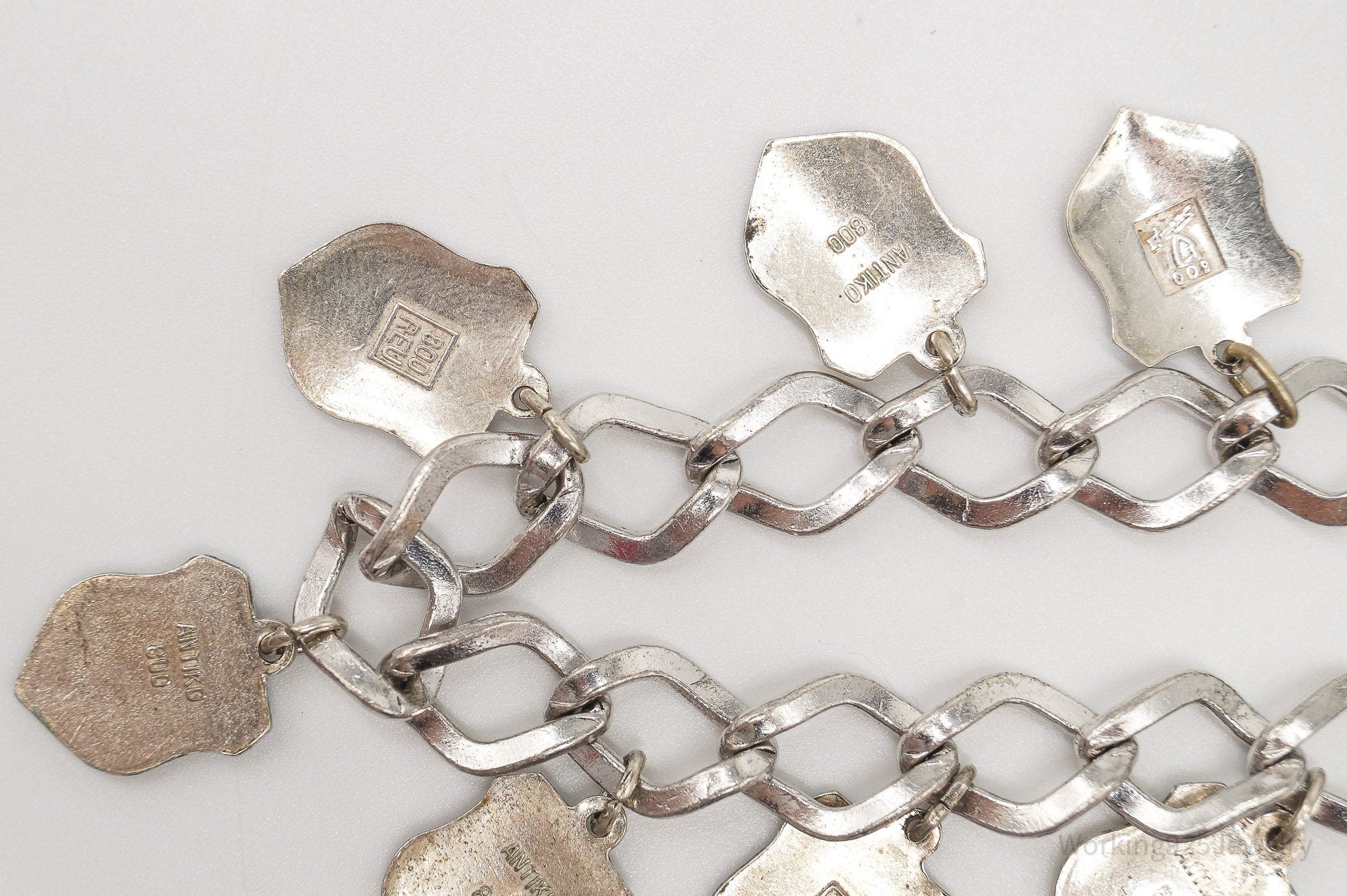 Antique Vintage Enamel Travel 800 / 835 Silver Shield Charms Silver Bracelet