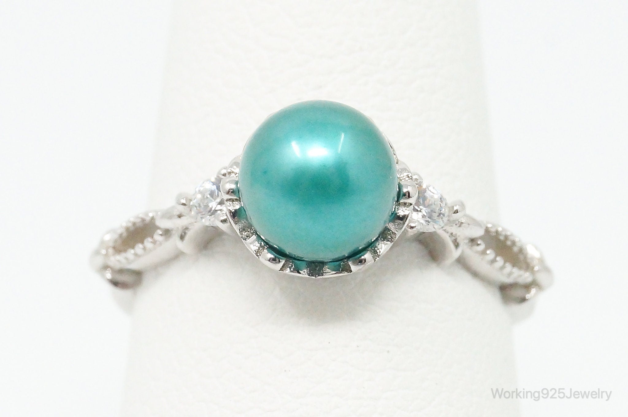 Lab Turquoise Pearl Cubic Zirconia Sterling Silver Ring Size - 6.25 Adjustable