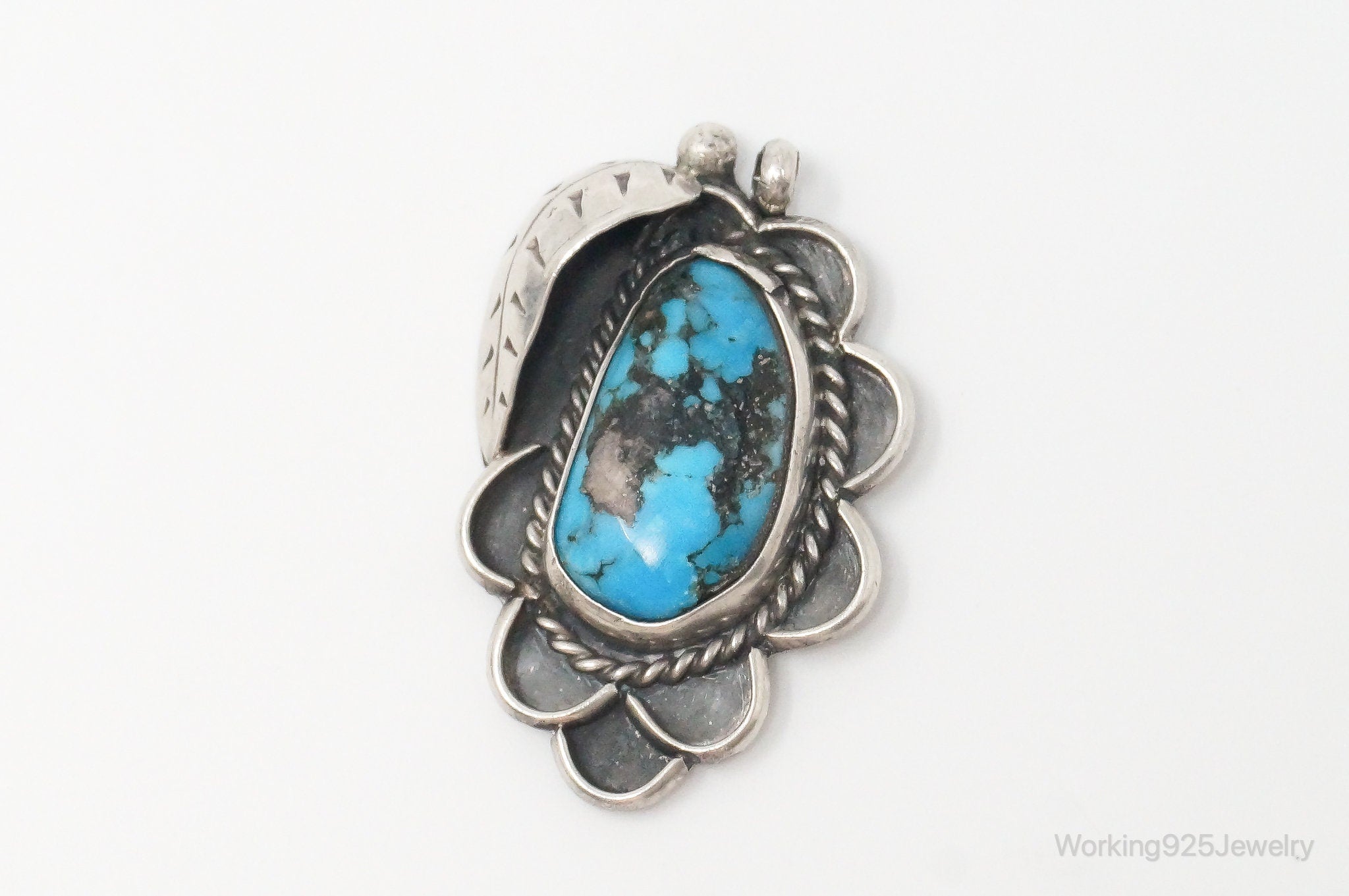 Large Vintage Native American Unsigned Turquoise Sterling Silver Pendant