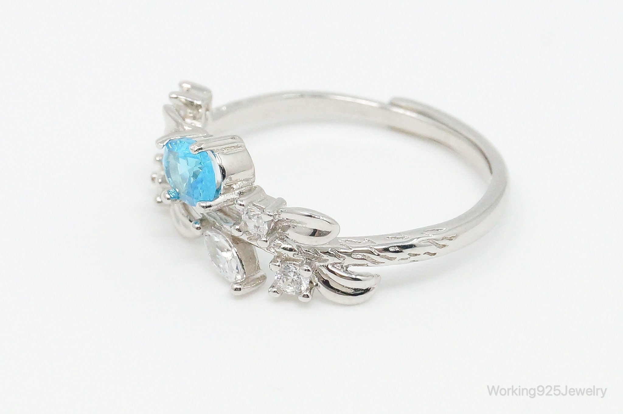 Blue Topaz Cubic Zirconia Branch & Leaves Sterling Silver Ring - Size 7.5 Adj.