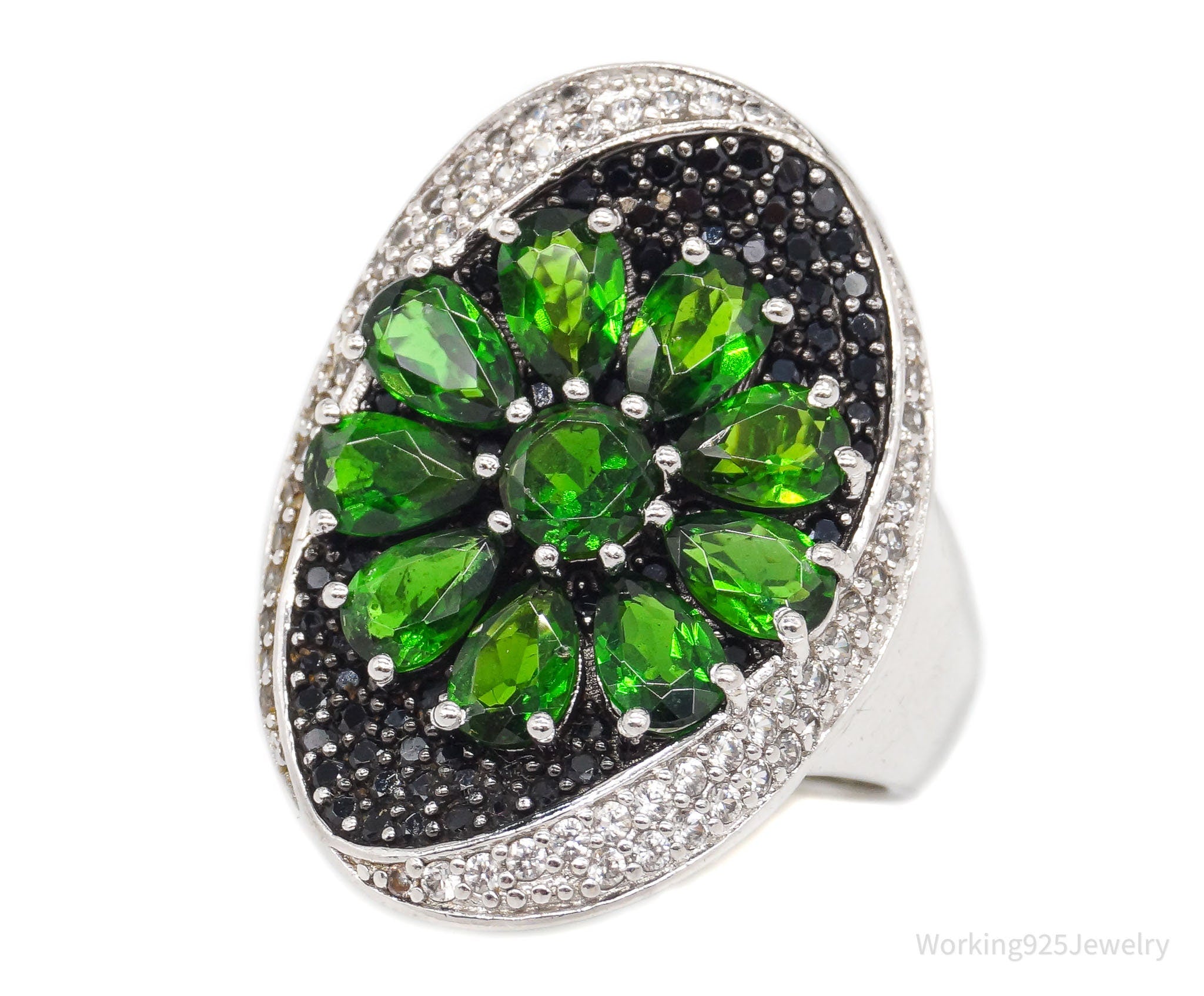 Green Chrome Diopside Black Spinel White Topaz Sterling Silver Ring SZ 10