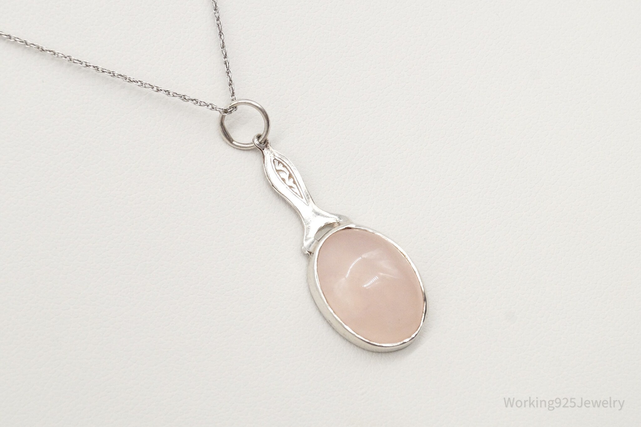 Antique Rose Quartz Vanity Mirror Sterling Silver Necklace