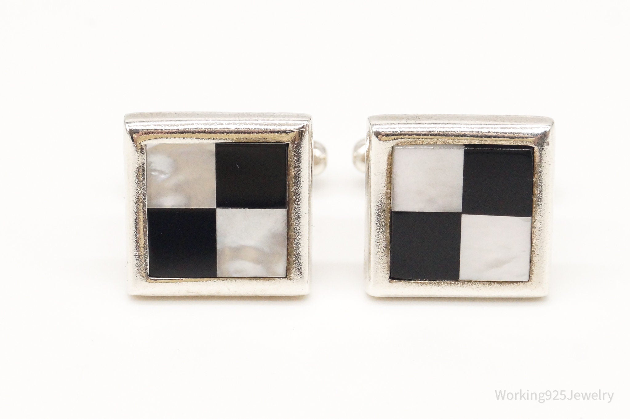 Vintage Birmingham Mother Of Pearl Black Onyx Sterling Silver Cufflinks