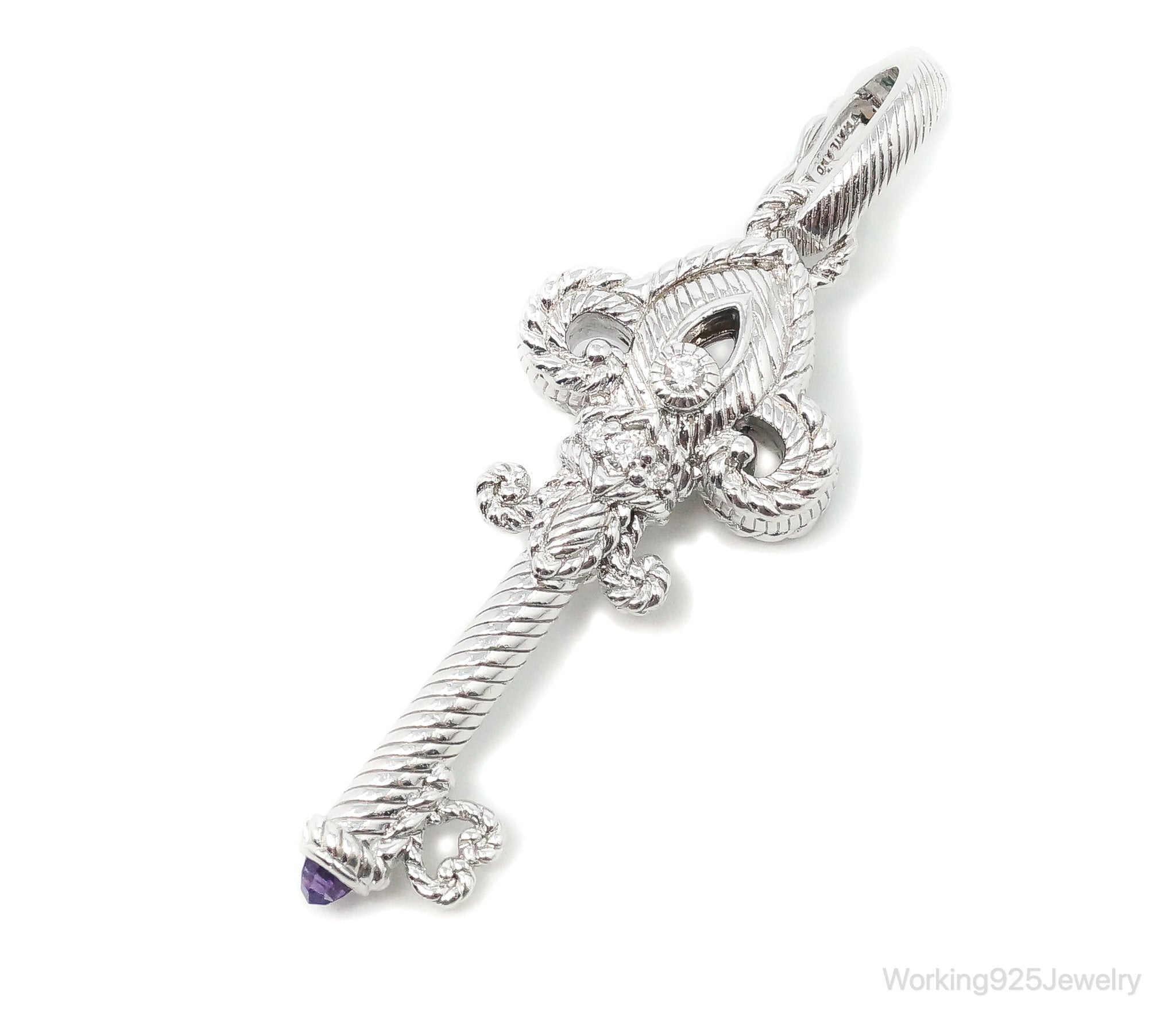 Large Judith Ripka Cubic Zirconia Amethyst Sterling Silver Cable Key Pendant