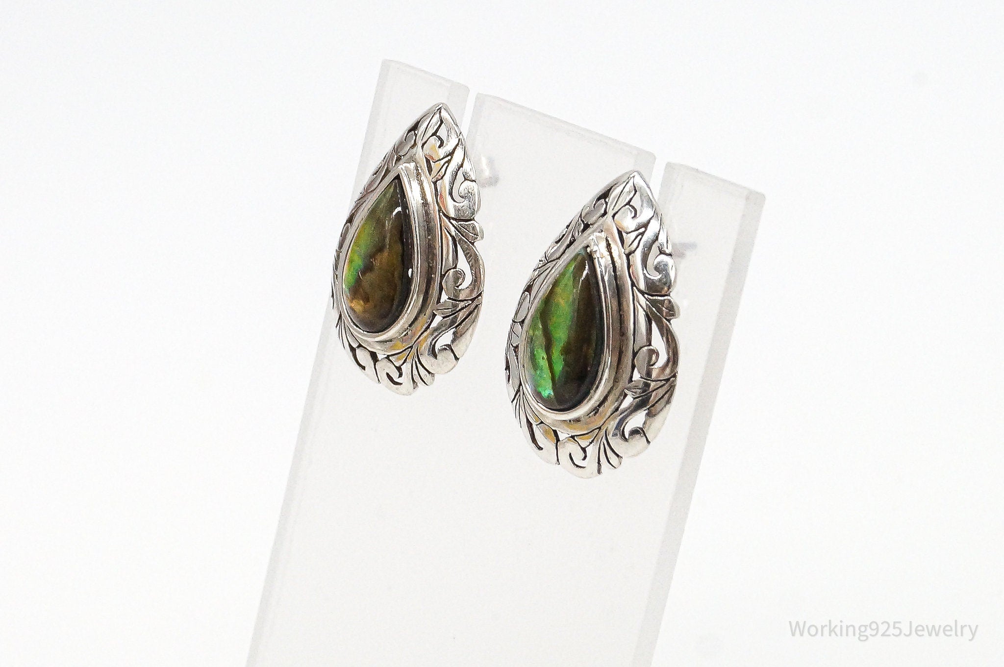 Large Vintage Abalone Paua Shell Sterling Silver Earrings