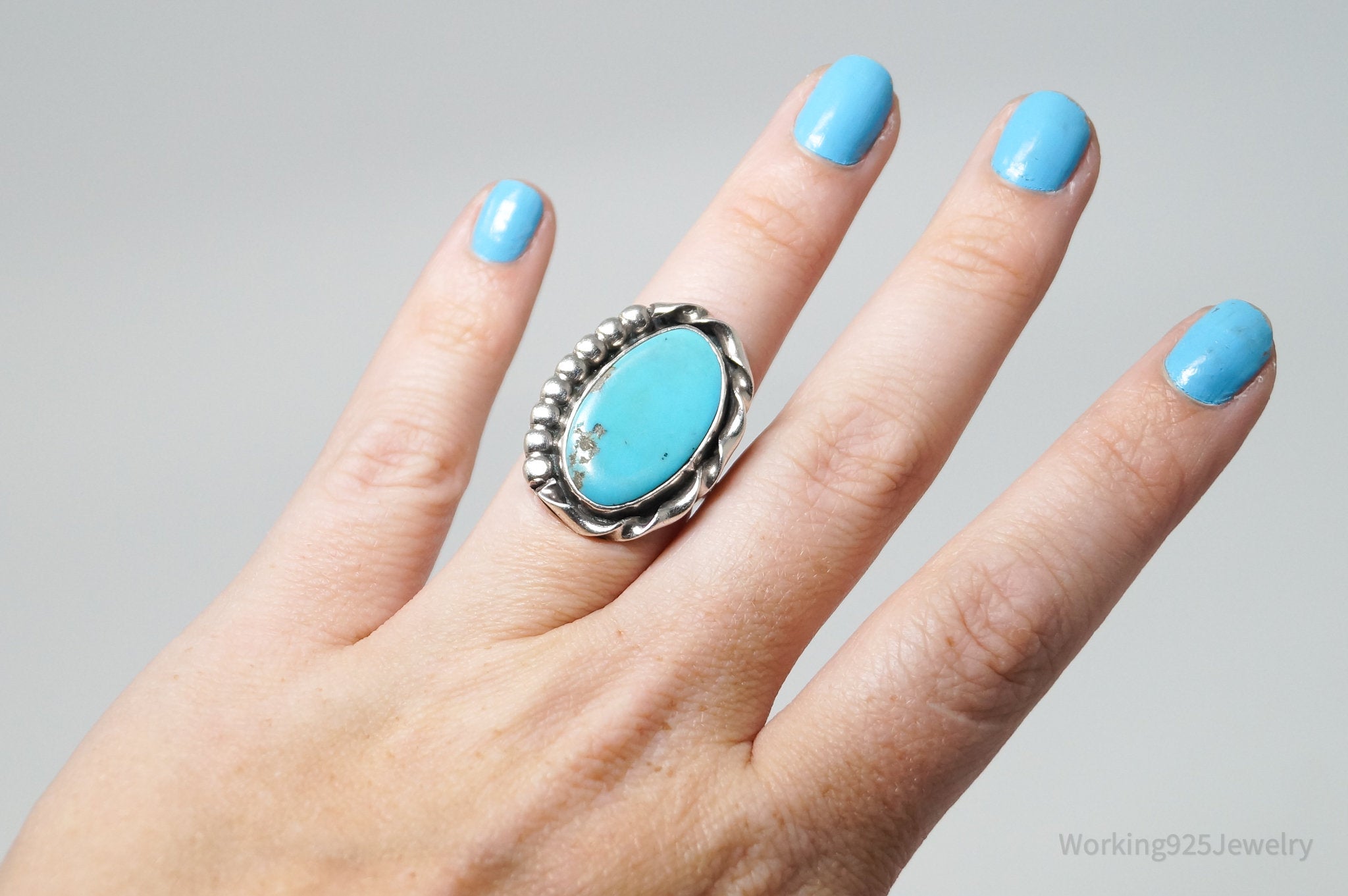 Large Vtg Native American Turquoise Sterling Silver Ring - Sz 7.25