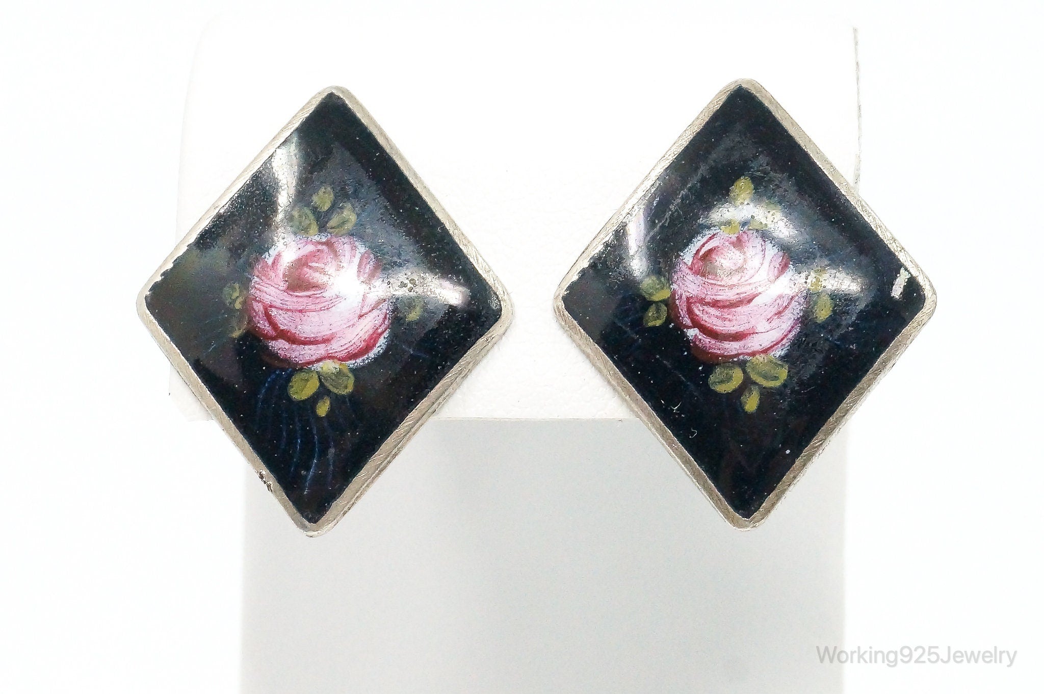 Antique Rose Picture Sterling Silver Screw Back Earrings