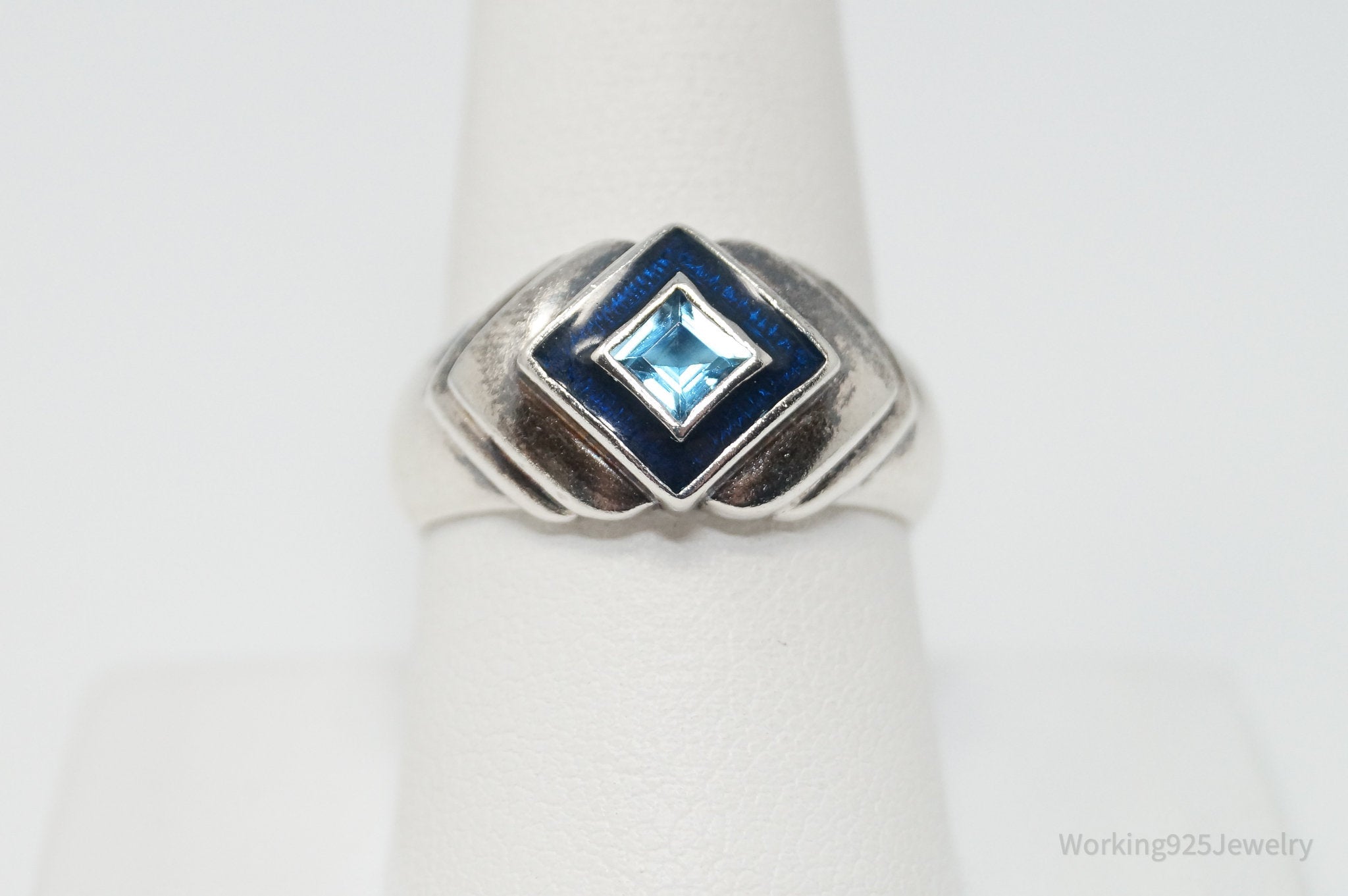 Vintage Designer CNA Blue Topaz Enamel Sterling Silver Ring - SZ 9