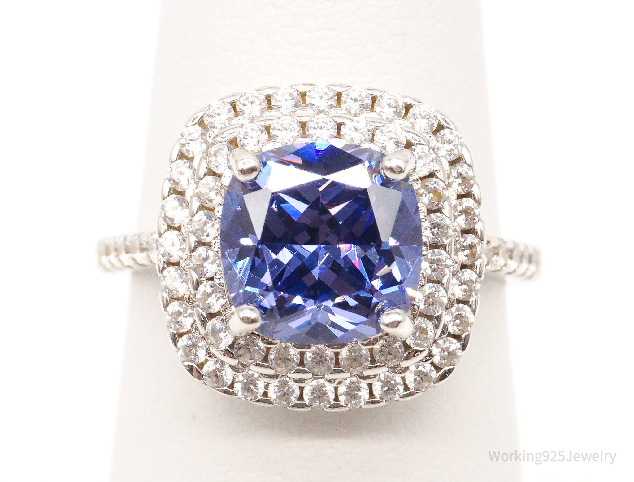 Blue & White Cubic Zirconia Sterling Silver Ring - Size 5