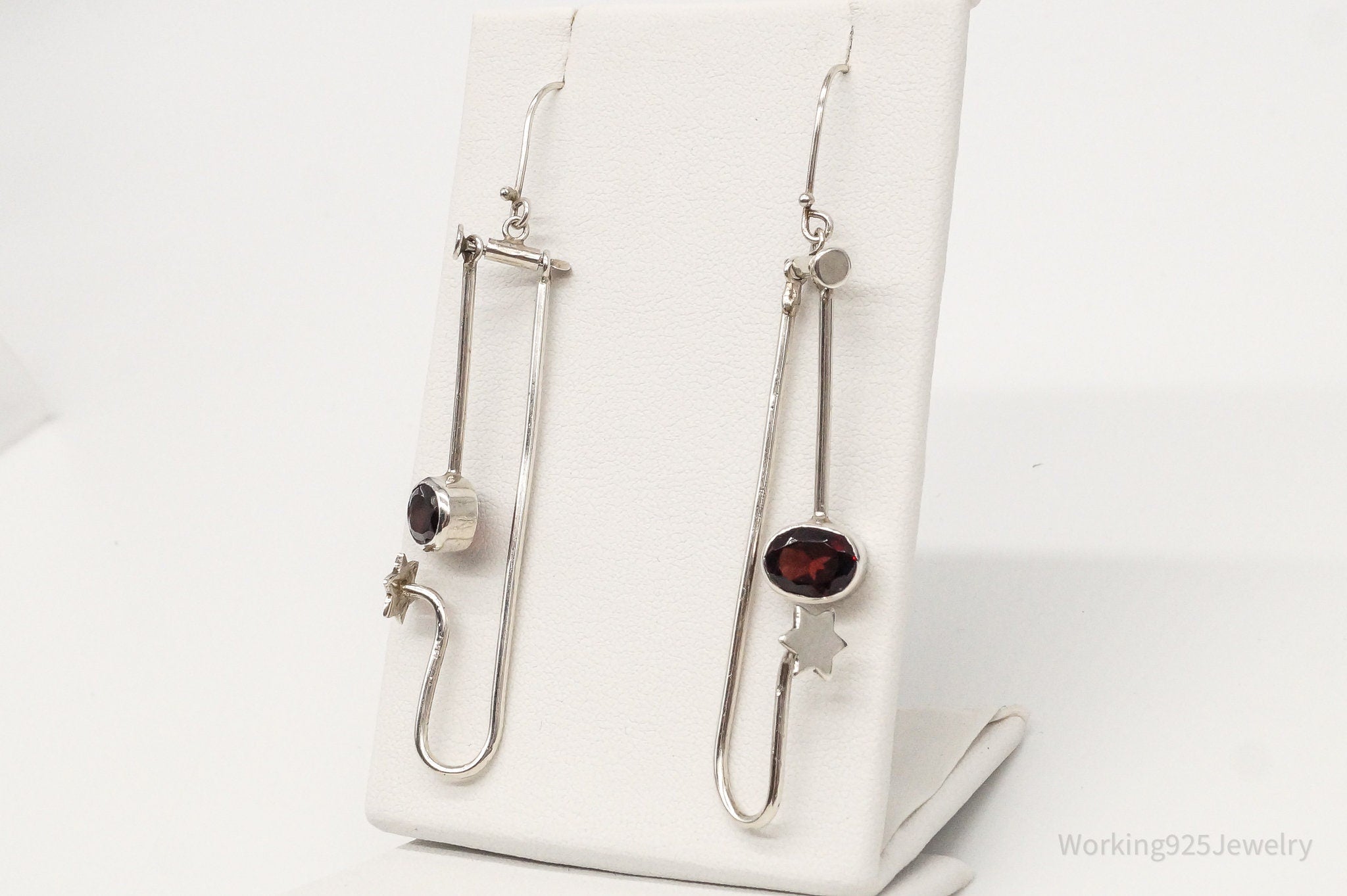 Vintage Garnet Long Moving Silver Earrings