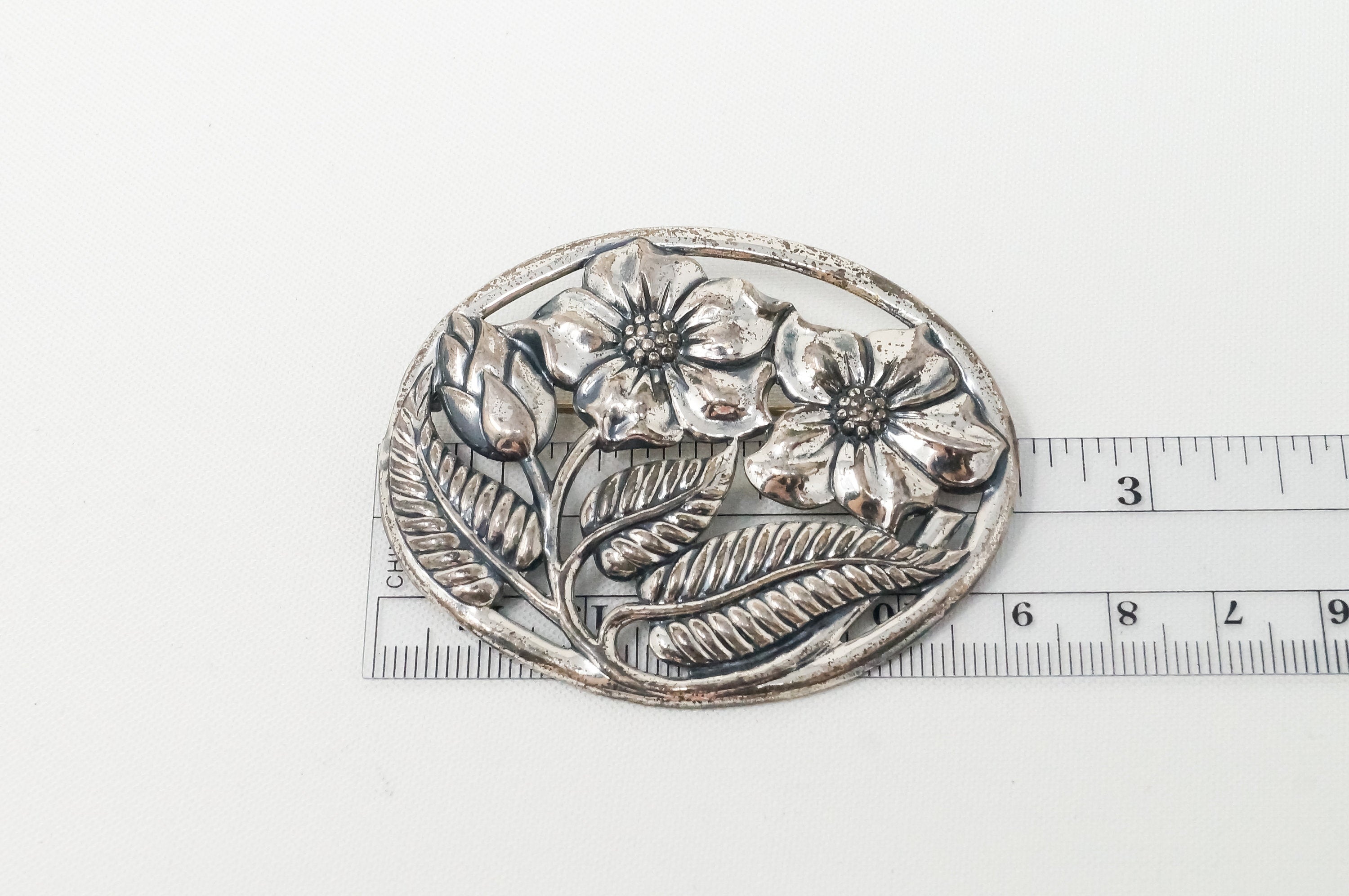 Vintage Designer Danecraft Large Sterling Silver Flower Motif Pin Brooch