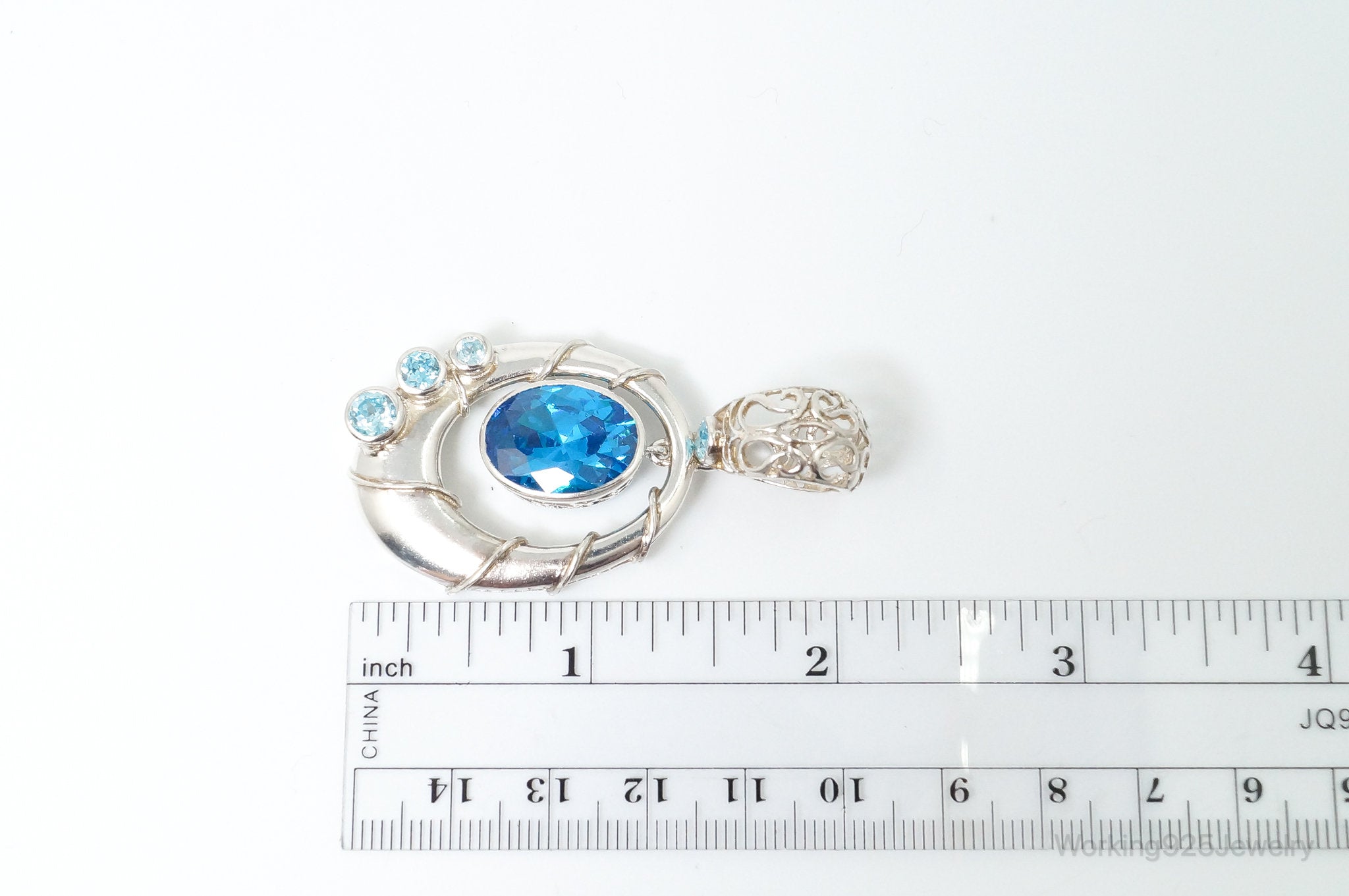 Vintage Art Deco Large Blue Topaz Sterling Silver Pendant