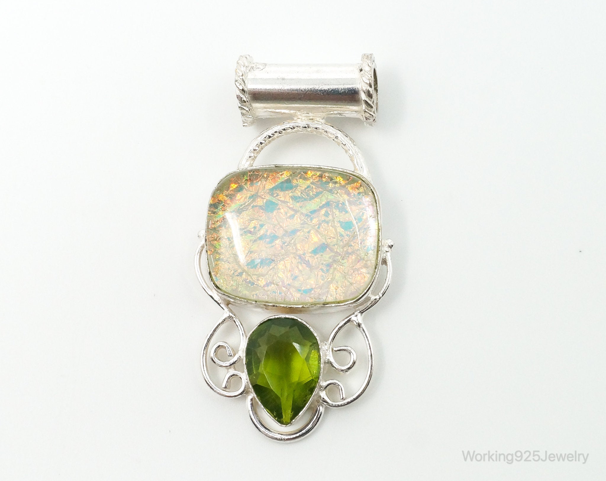 Large Vintage Rainbow Glass Peridot Sterling Silver Pendant