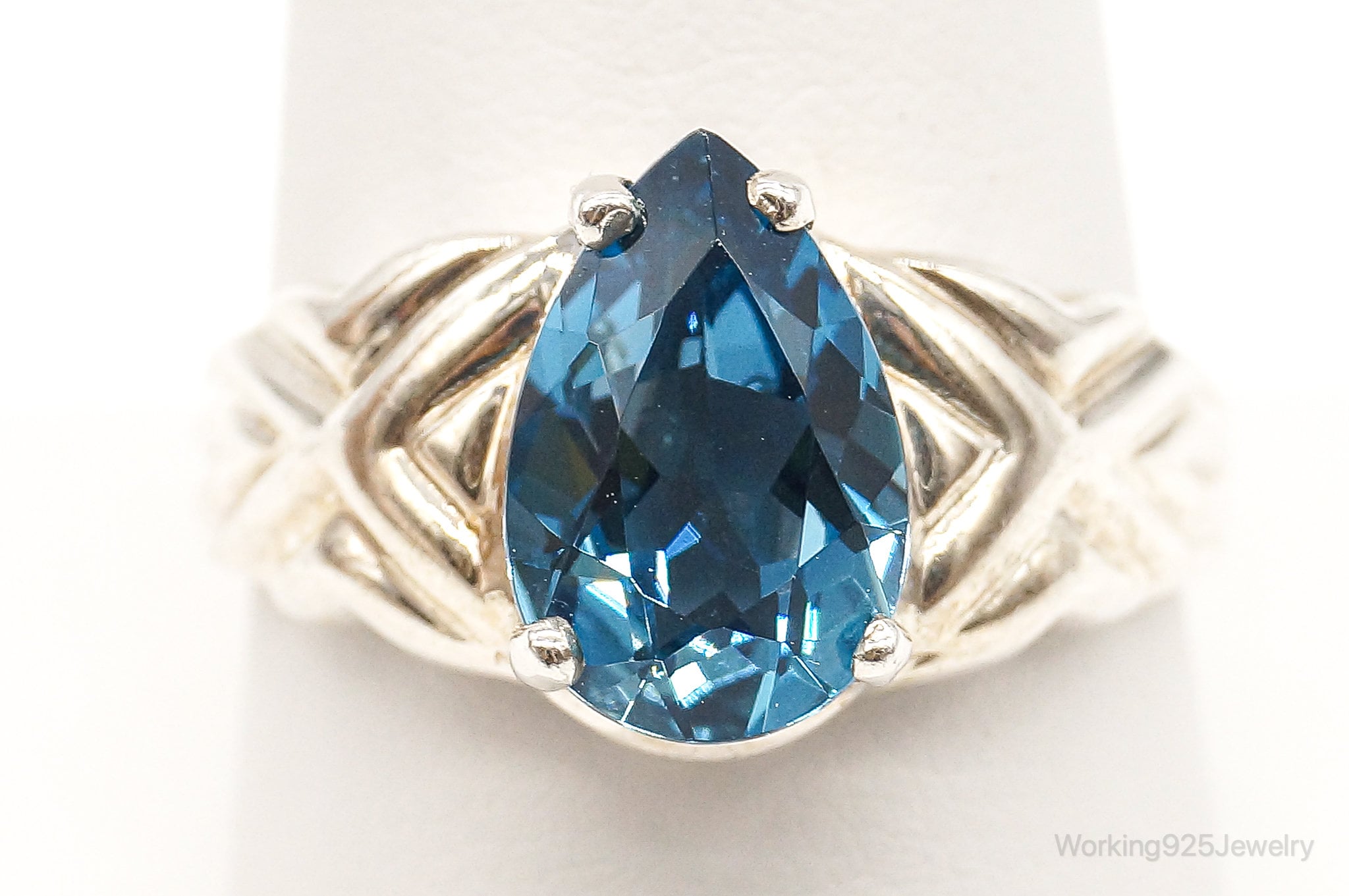 Vintage Large Blue Topaz Sterling Silver Ring - Size 10