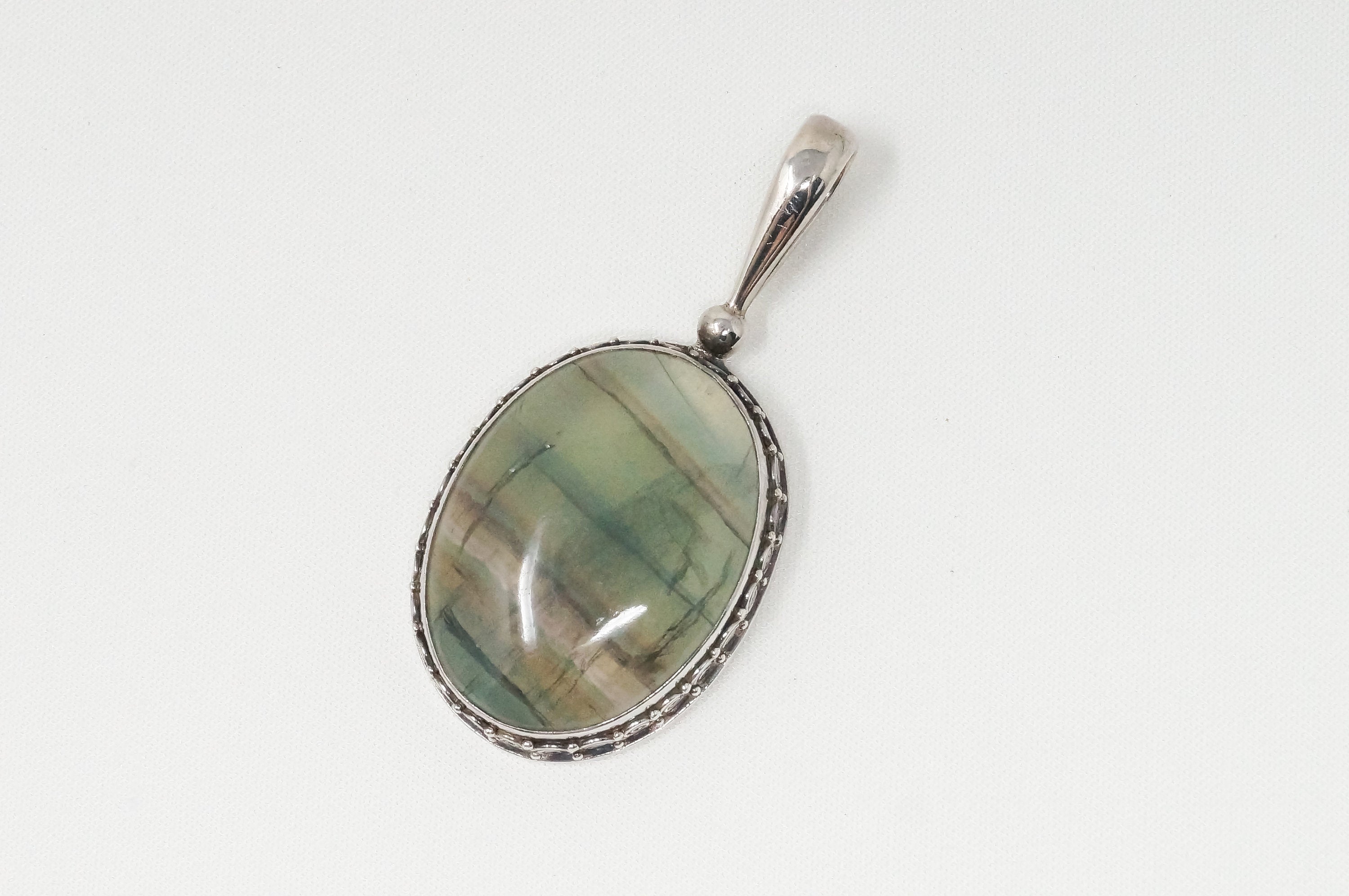 Vintage Designer SAJEN Green Agate Sterling Silver Necklace Pendant