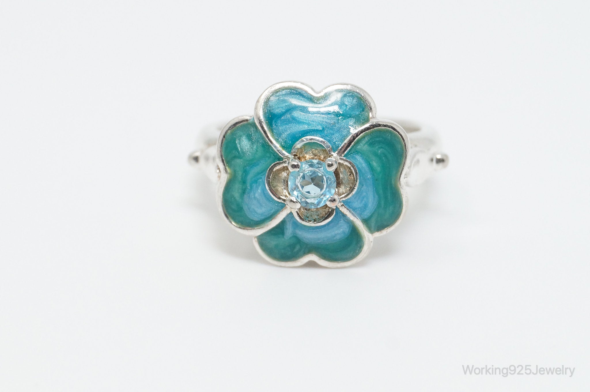 Vintage Blue CZ Blue Enamel Flower Southwestern Sterling Silver Ring - Size 8