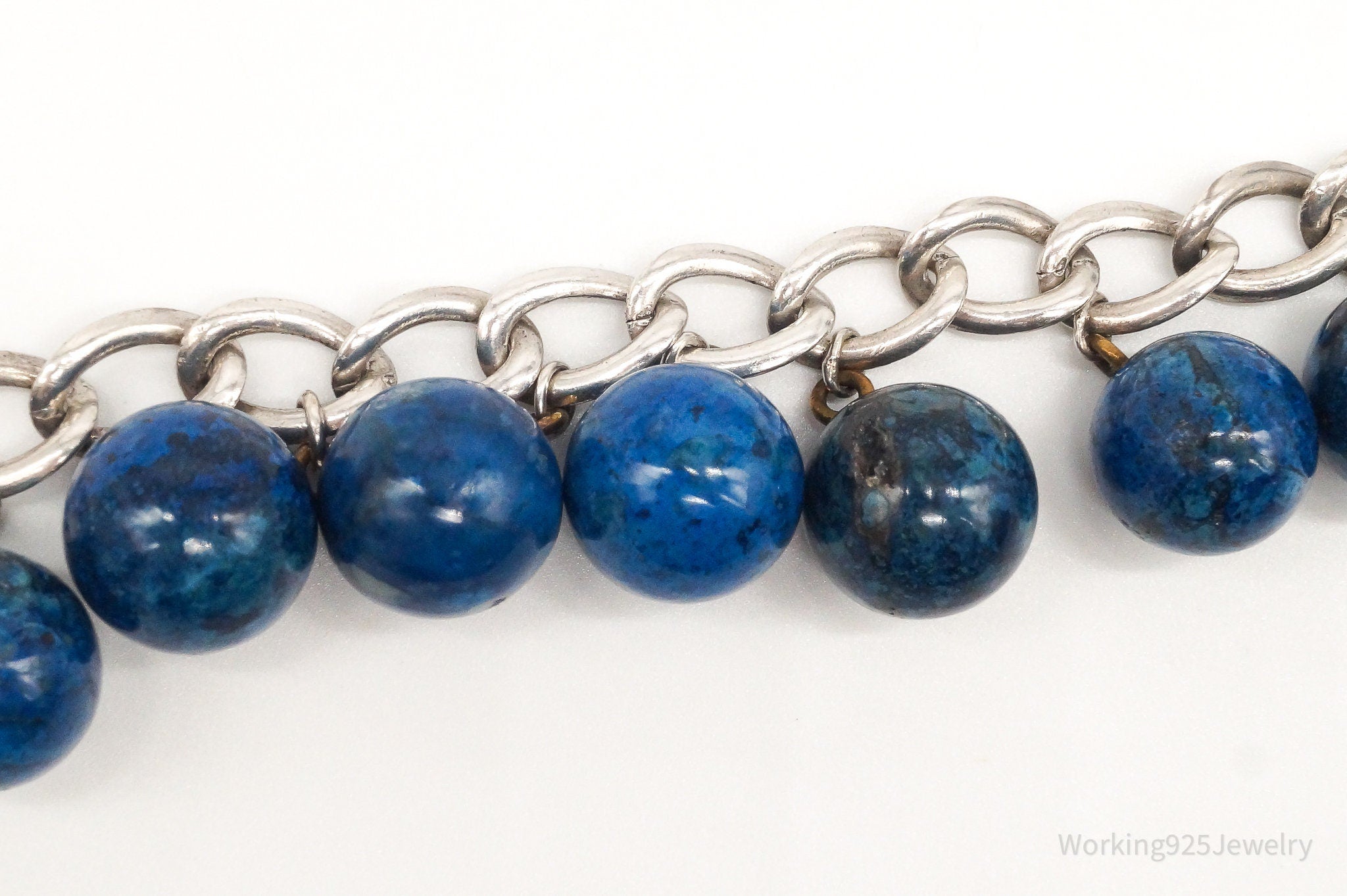 Antique Blue Stone Dangle Balls Sterling Silver Chain Bracelet