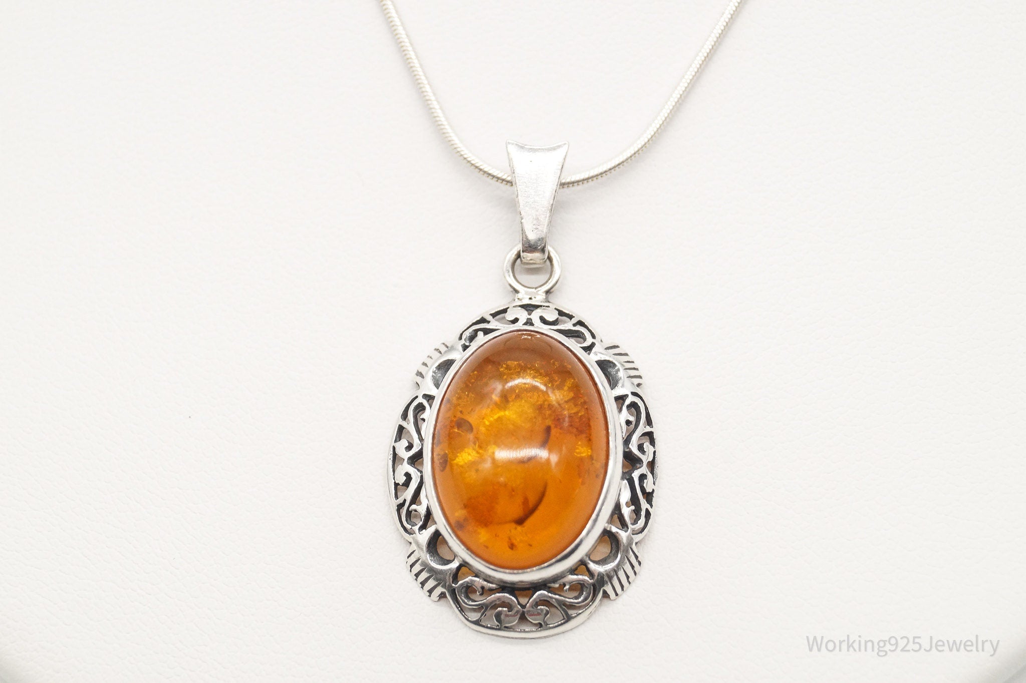 Vintage Large Amber Sterling Silver Adjustable Chain Necklace