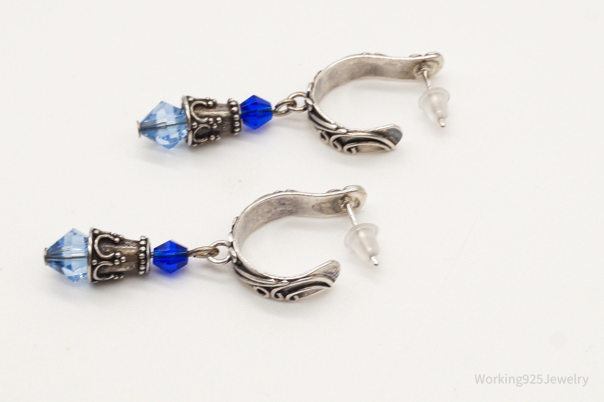 Vintage Bali Inspired Blue Bead Silver Earrings