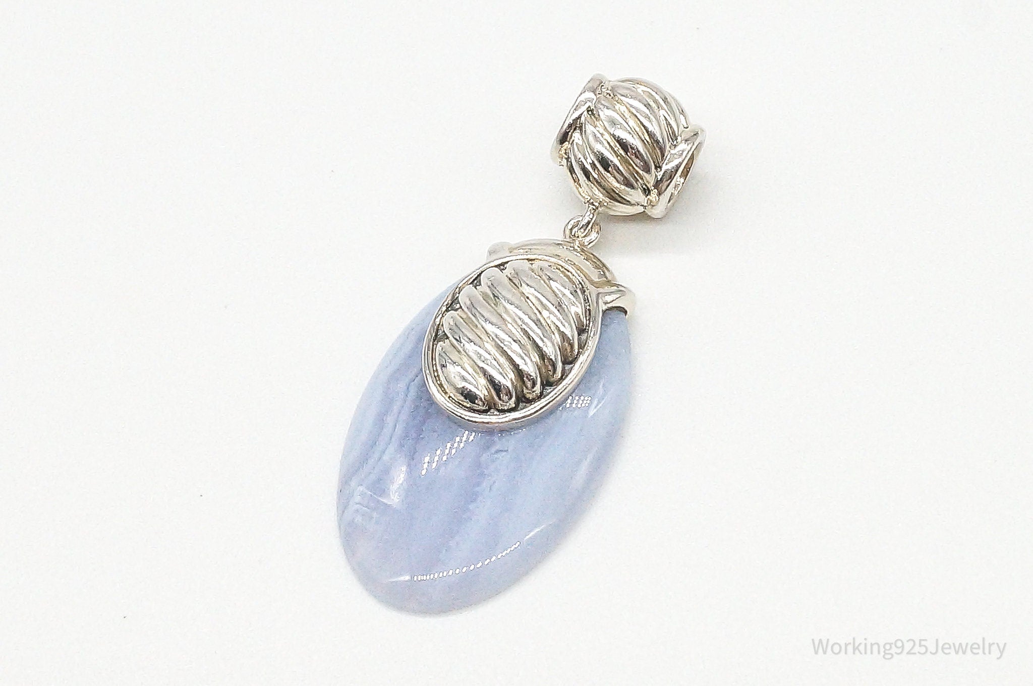 Large Vintage Blue Lace Agate Sterling Silver Pendant