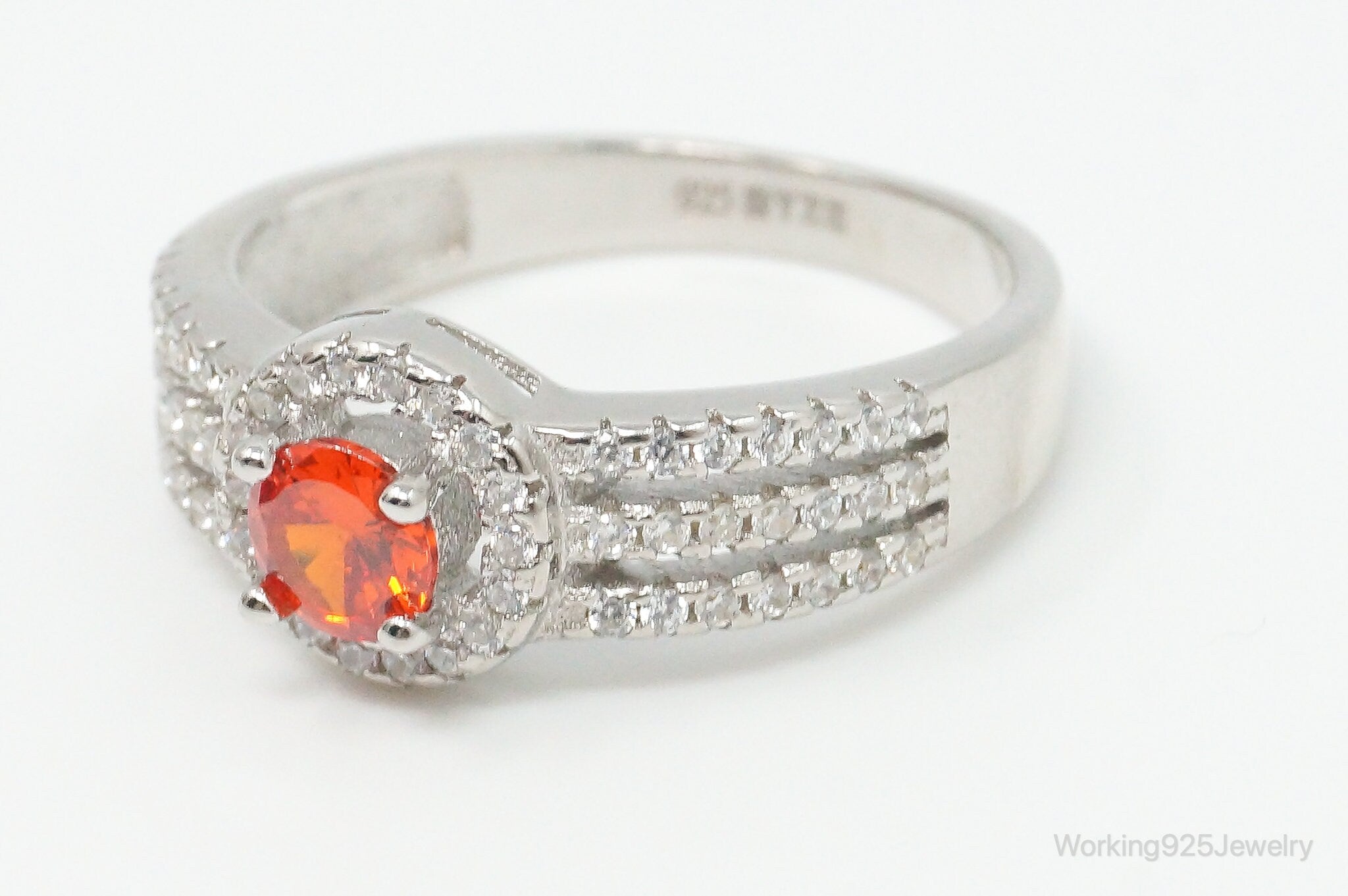 Orange & White Cubic Zirconia Sterling Silver Ring - Size 9