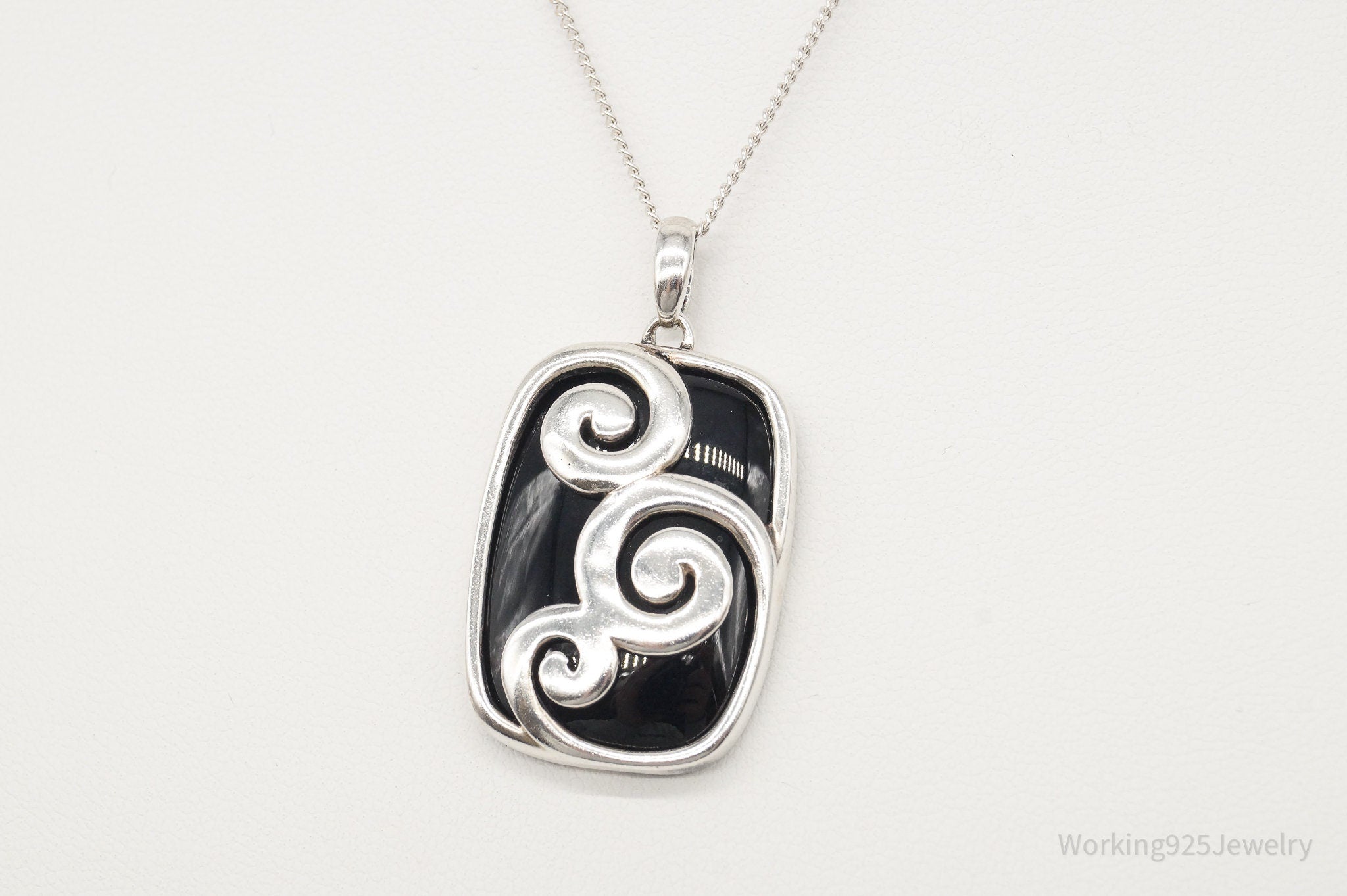 Vintage Black Onyx Swirls Sterling Silver Necklace