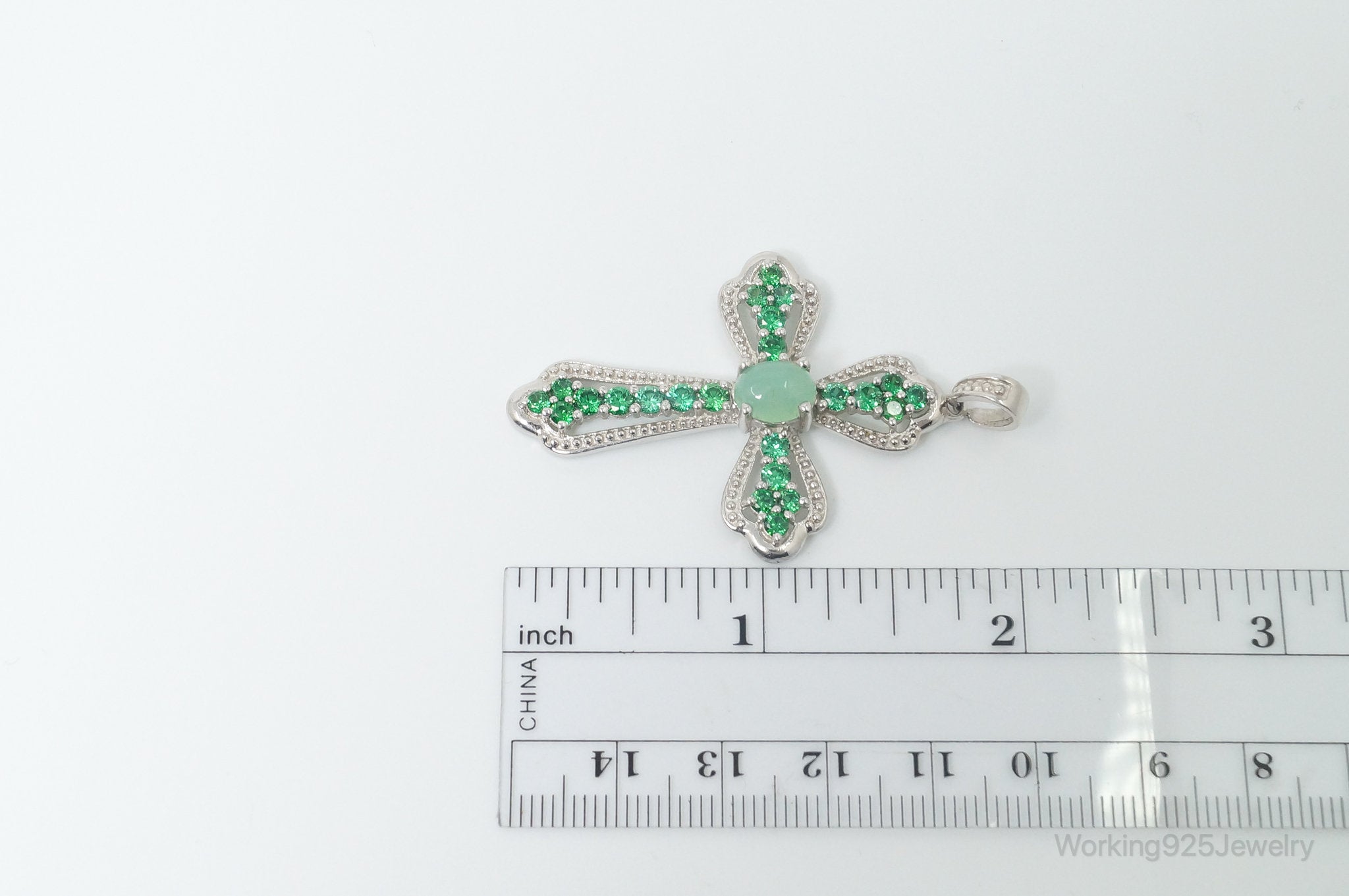 Vintage Green Chalcedony Green Cubic Zirconia Cross Sterling Silver Pendant