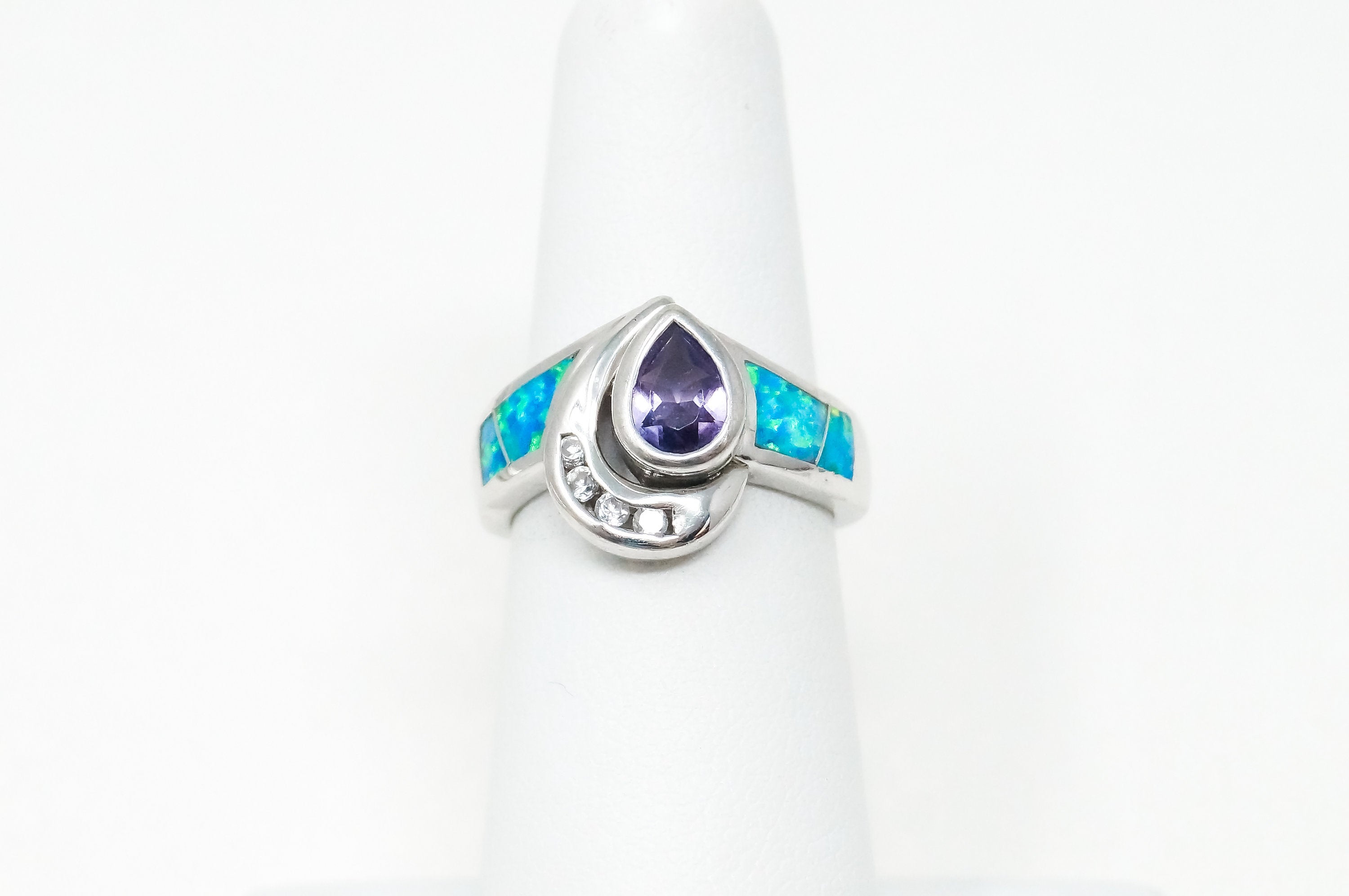 Vintage Art Deco Amethyst Fire Opal CZ Sterling Silver Ring - Sz 5.5 -784623434