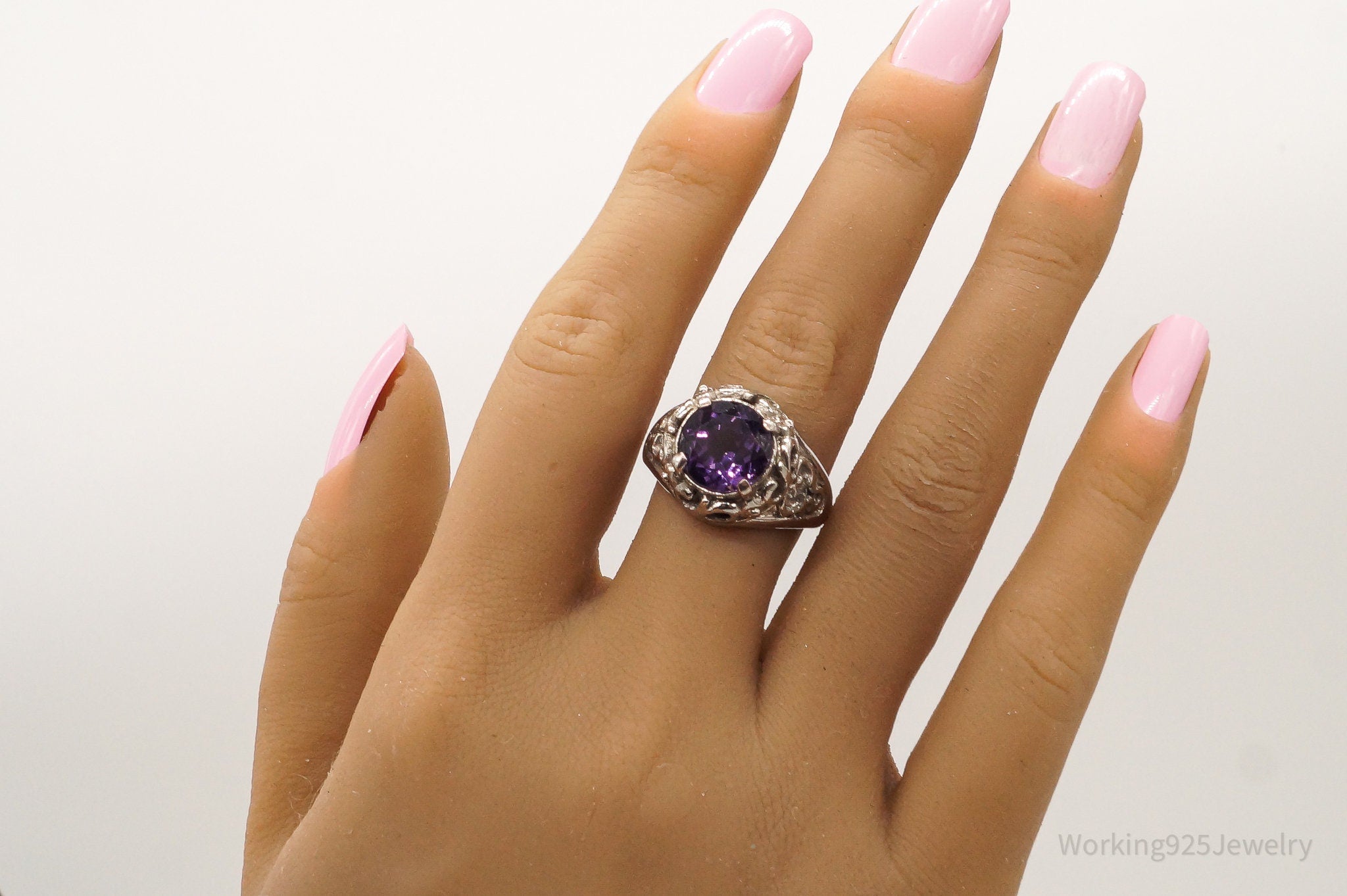 Vintage Amethyst Sterling Silver Plated Ring - Size 10