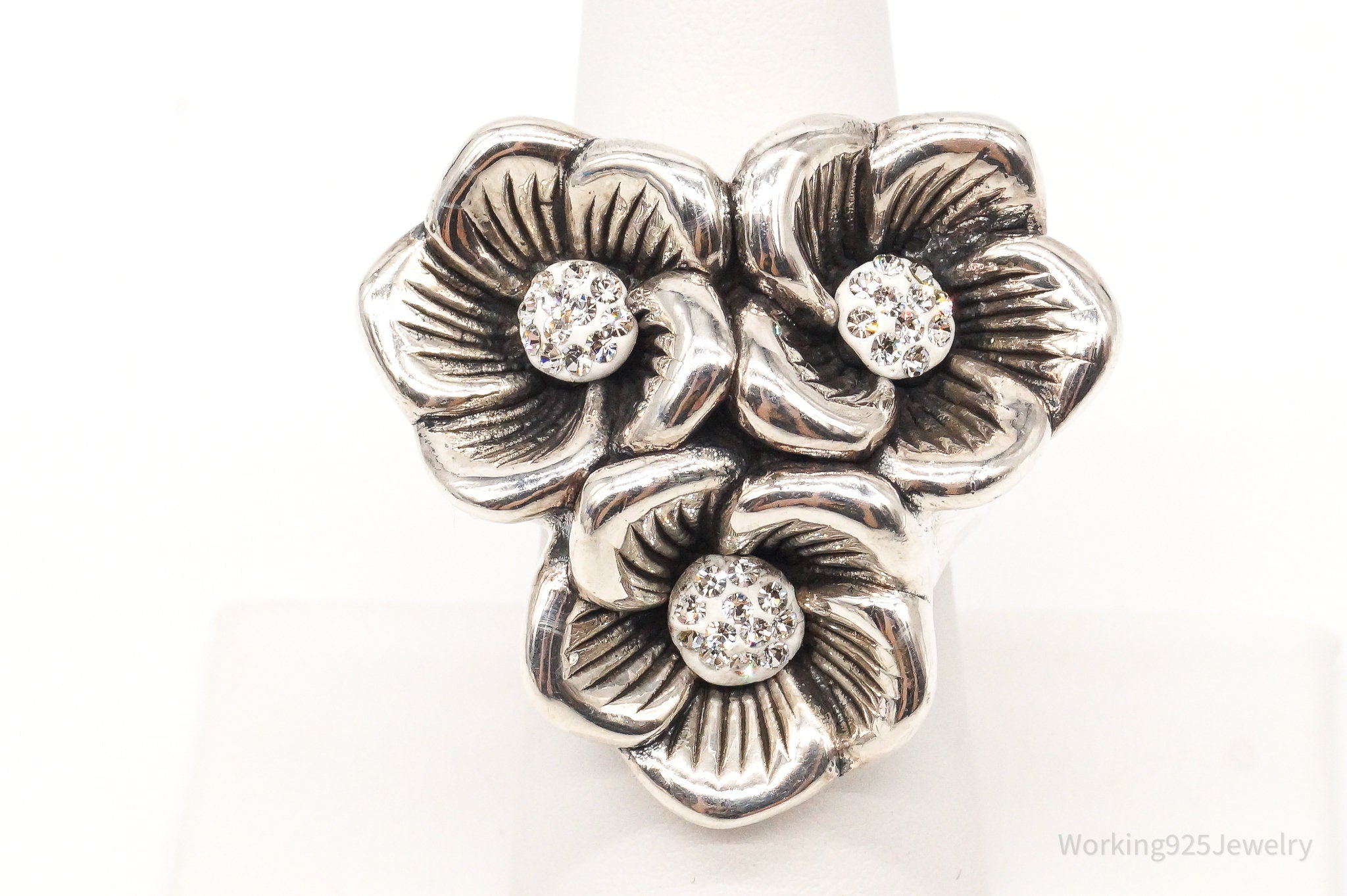 Vintage Crystal Flowers Sterling Silver Hollow Ring - Size 8