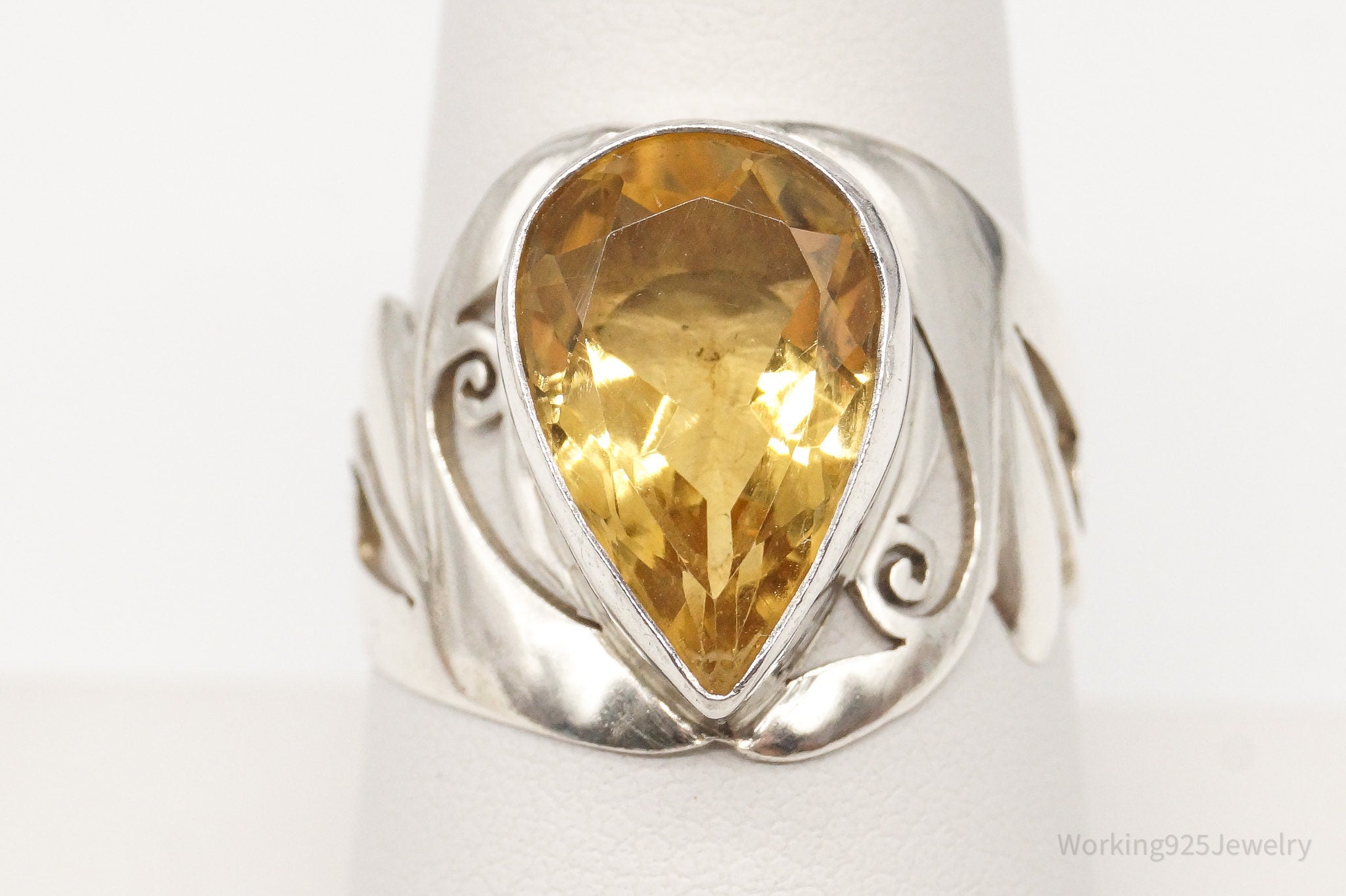 Vintage Large Citrine Sterling Silver Ring - Size 8.5