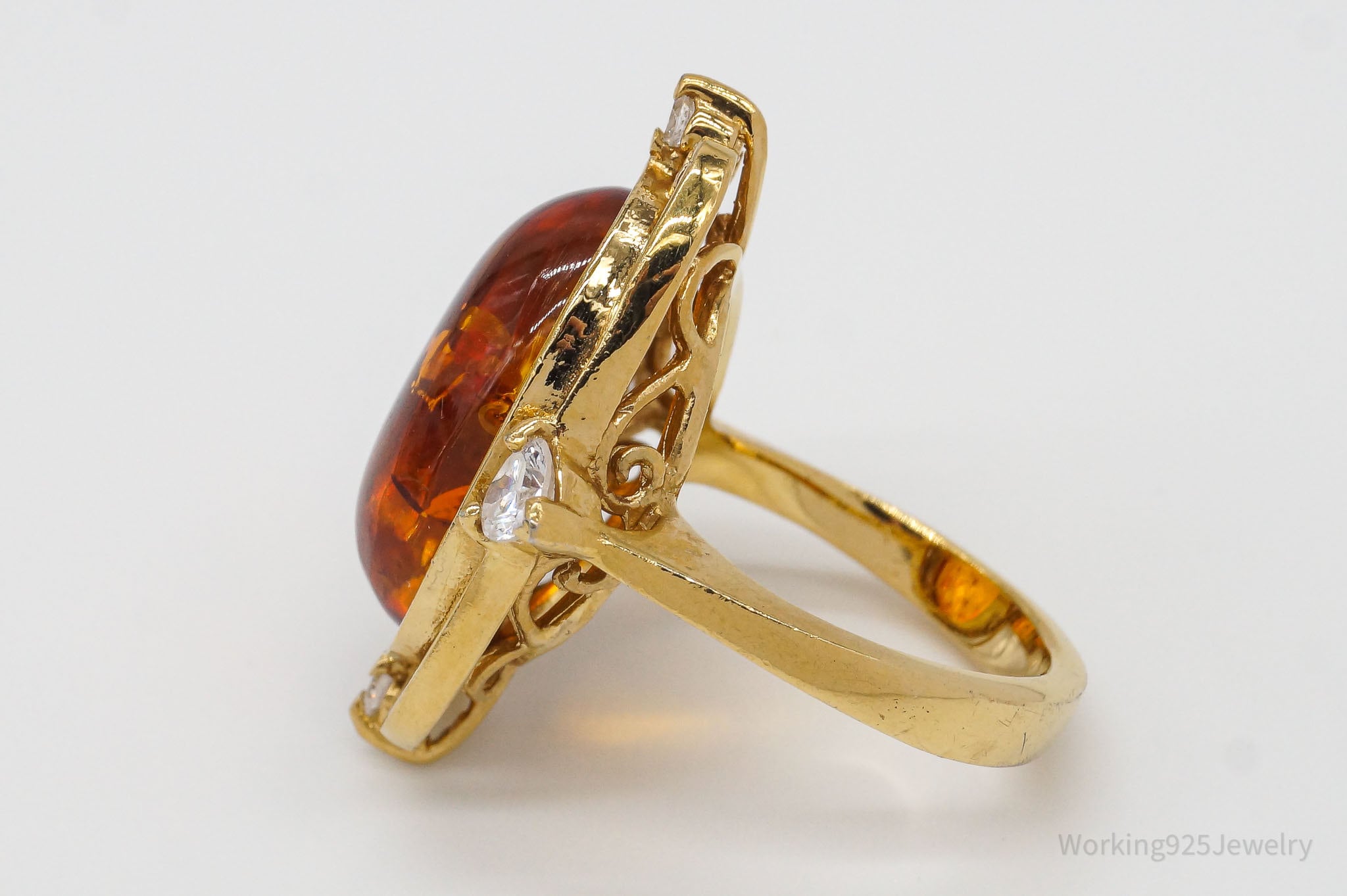 Designer Amber Cubic Zirconia Gold Over Sterling Silver Ring - Size 6.75