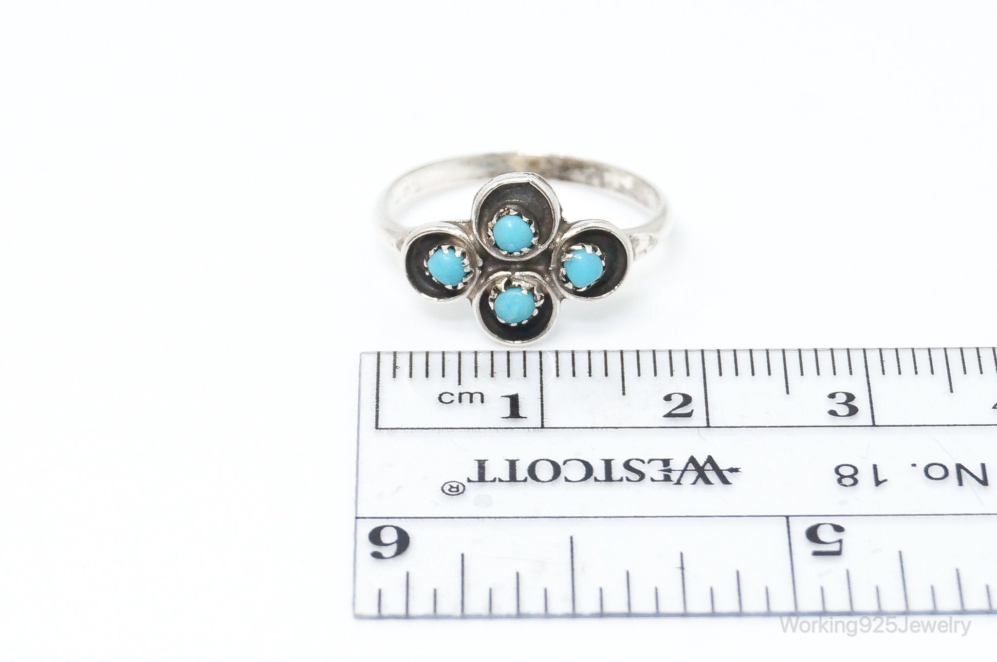 Native American Petit Point Turquoise Unsigned Sterling Silver Ring SZ 6.75