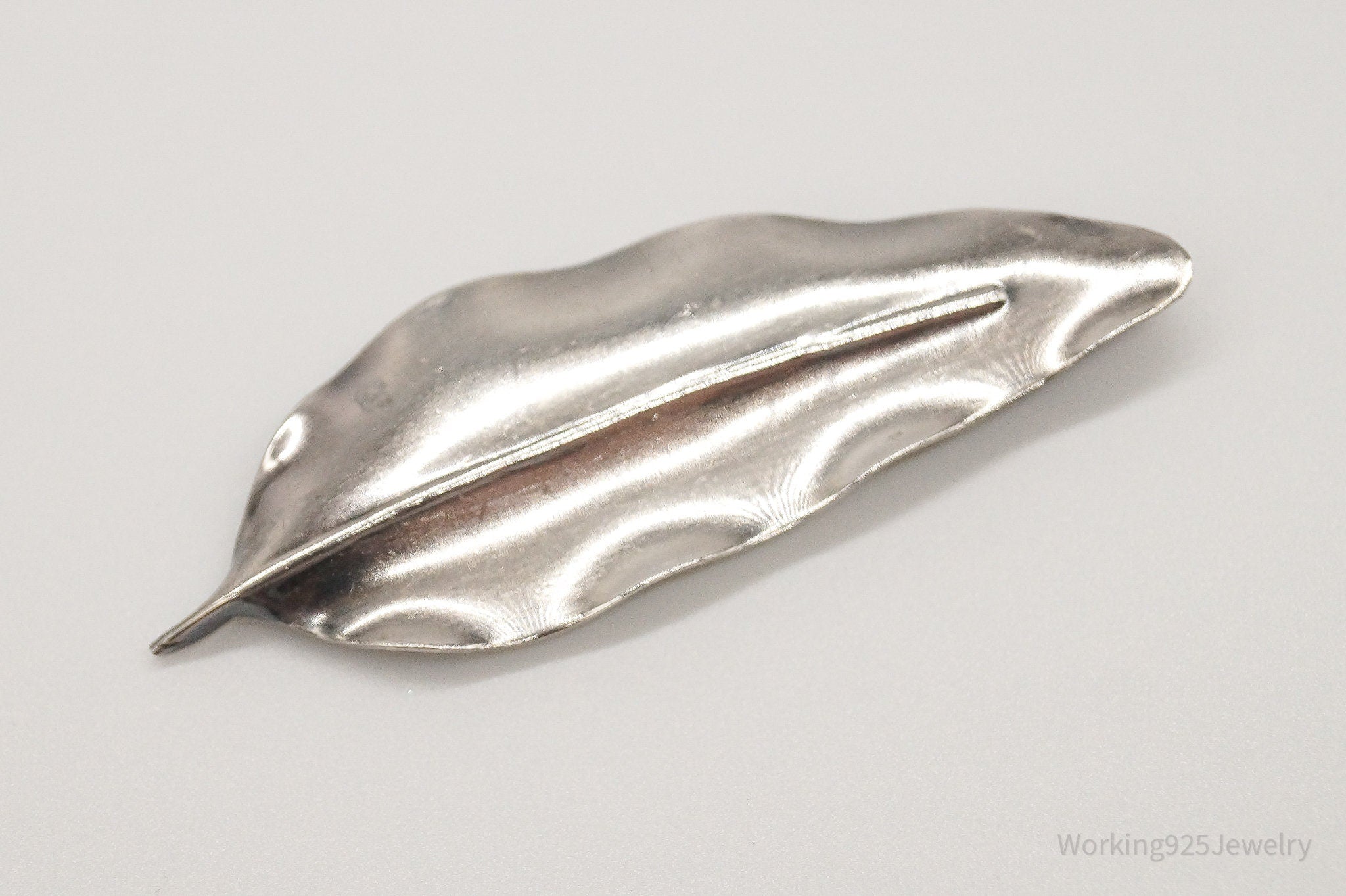 Large Antique Handmade Sterling Silver Leaf Pin Brooch